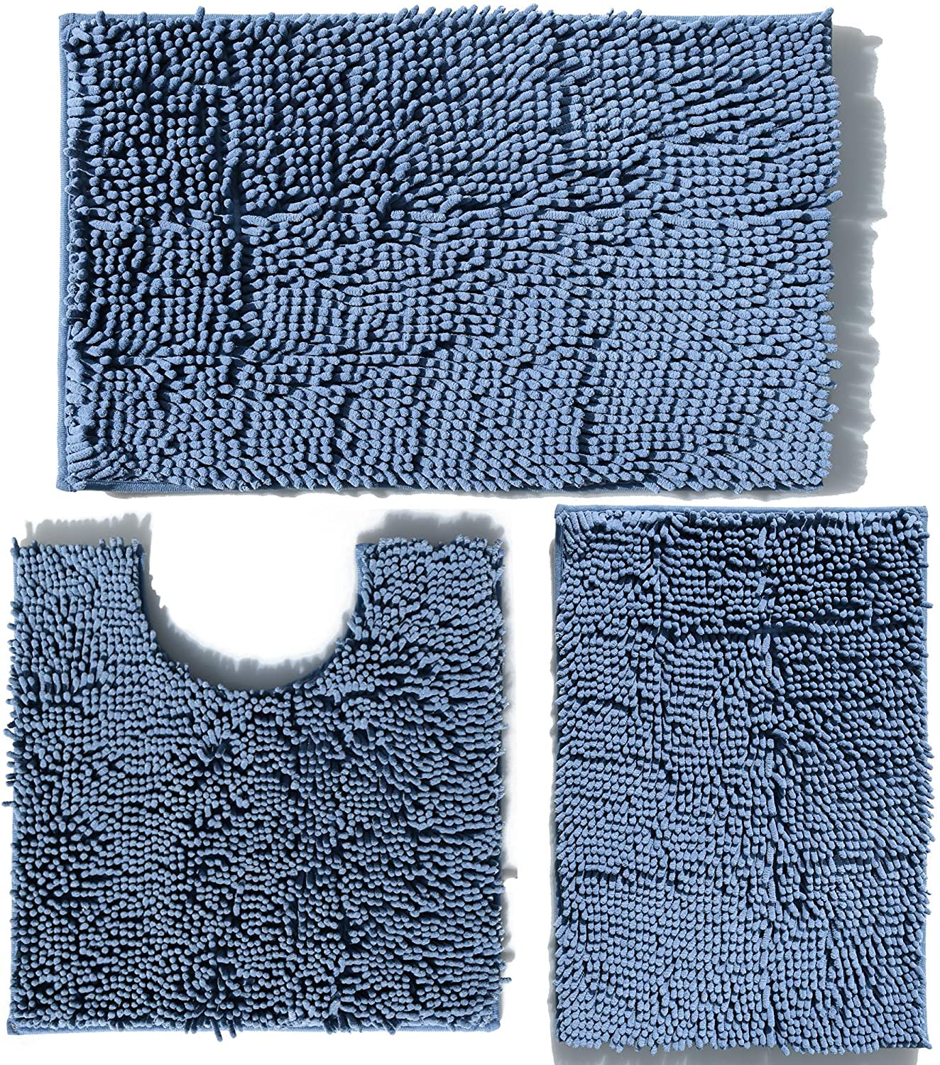 Blue Bathroom Rugs Chenille Bath Mats Set 3 Piece Extra Soft and Absorbent Shaggy Rugs, Machine Wash and Dry, Perfect Plush Bath Mats for Tub, Shower, Bathroom Decor, Washable Carpets Set