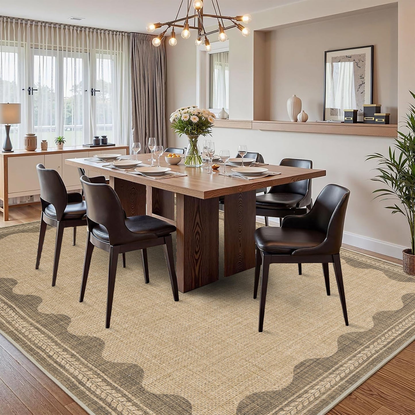 Easy Jute Rug 8x10 Outdoor Rug Scalloped Washable Rugs for Living Room Bedroom Non Slip Neutral Farmhouse Indoor Outdoor Carpet for Backyard Patio Office