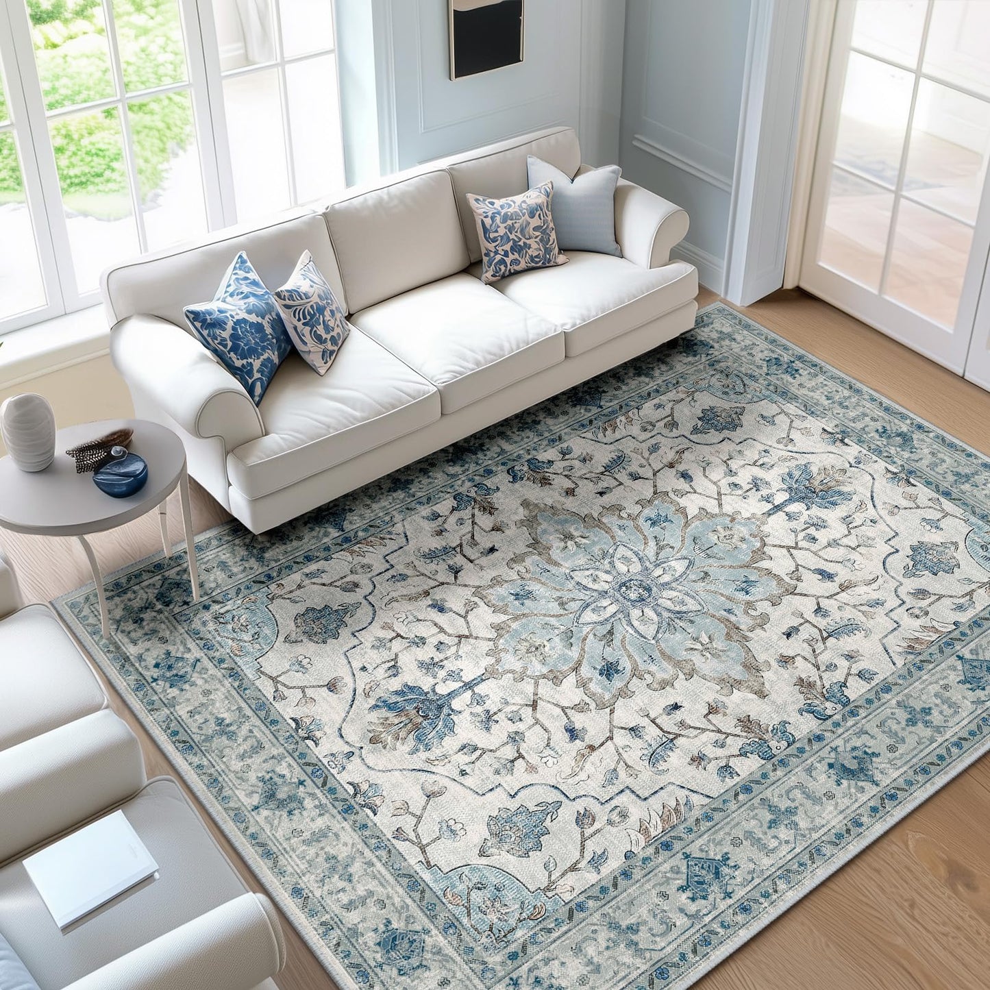 RELEANY Area Rugs 5'x7' Washable Non-Slip, Floral Vintage Distress Medallion Carpet for Living Room Bedroom Dining Room, Light Blue Navy Gray White