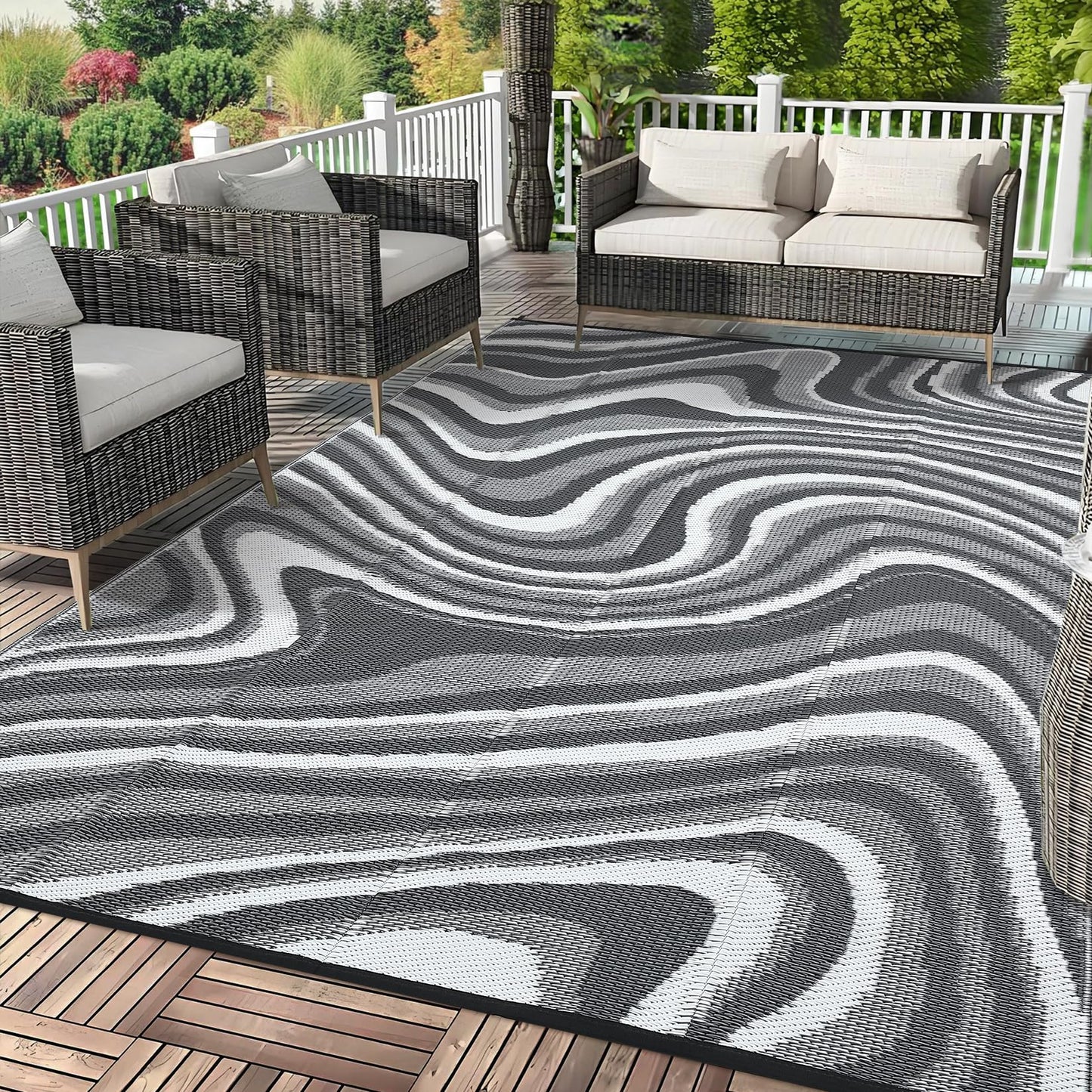 Garvee Outdoor Rug 9x18 Patio Waterproof, Abstract Outdoor Plastic Straw Rug, Camping Rugs for Outside Your RV, Reversible UV Resistant Mats with Portable Bag for Backyard, Deck, Picnic, Black Grey