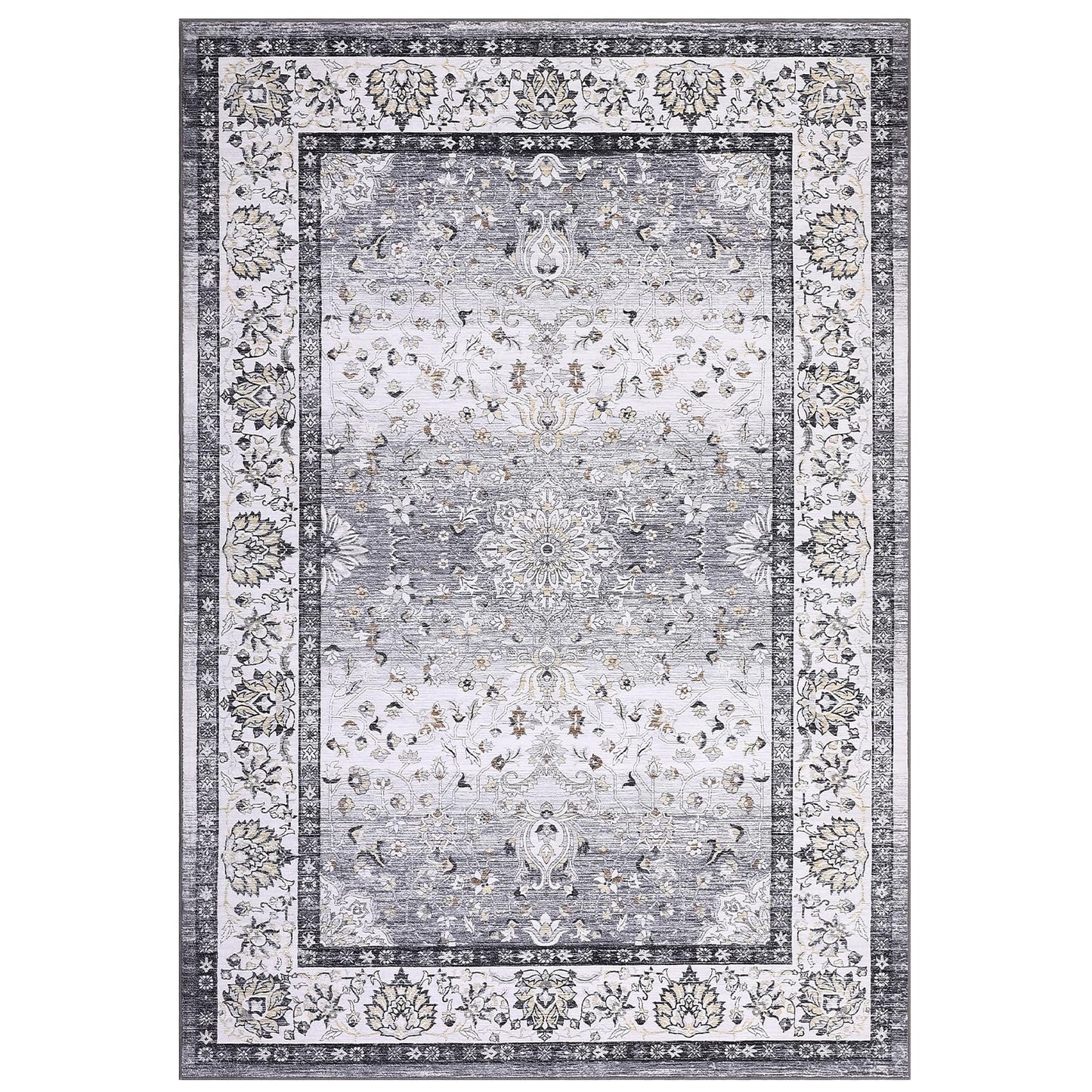 GarveeHome Washable Vintage Boho Floral Gray Rug - 5'x7' Soft Faux Wool Low Pile Stain Resistant Carpet for Living Room, Bedroom, Office, Nursery, Dining Room