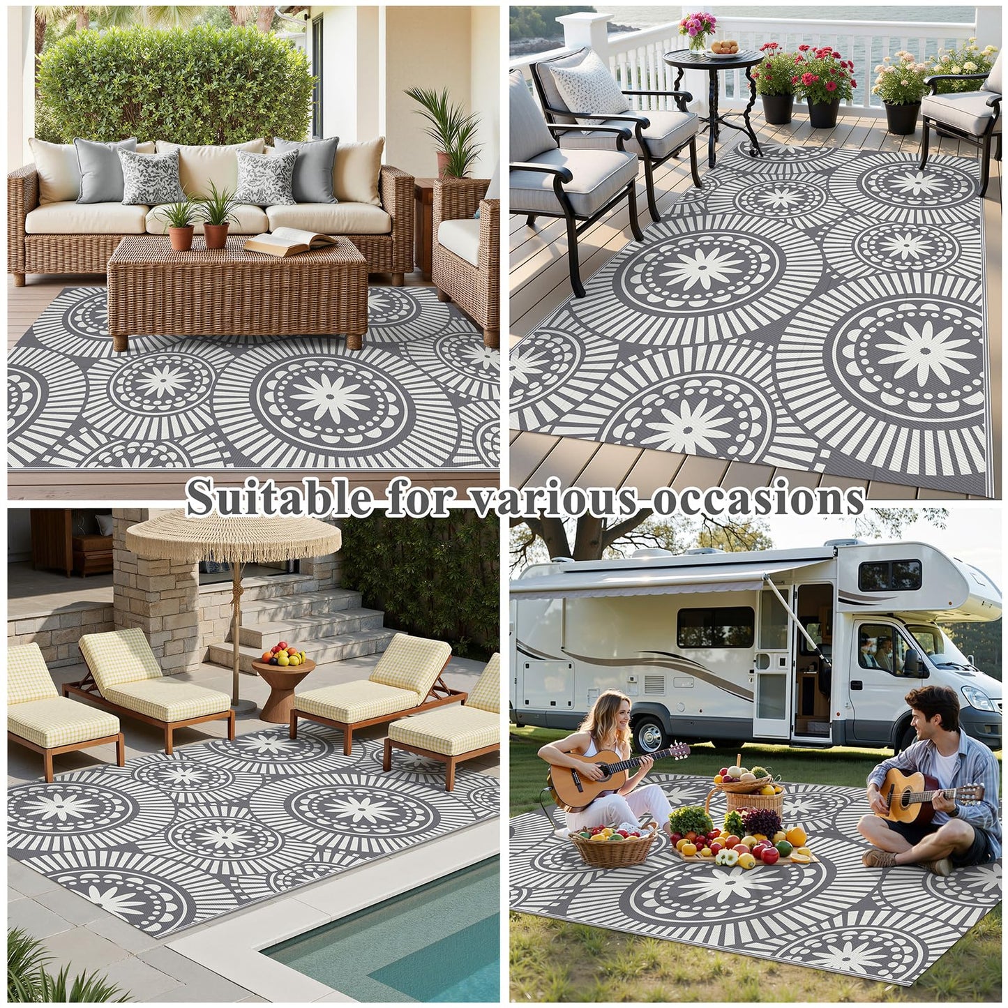 Ileading Outdoor Patio Rug Waterproof, Reversible Plastic Straw Mat, Grey Geometric Outside Carpet Quick Dry, Portable Area Rug for Deck Porch Balcony Camping RV (5×8 ft)