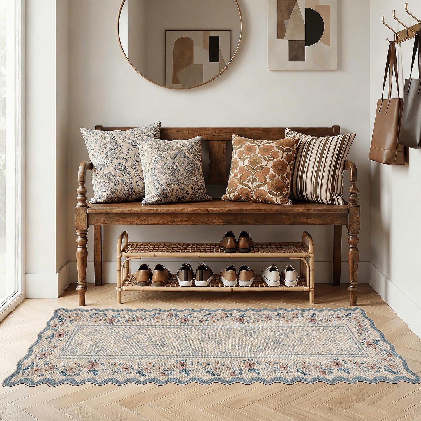 ORTIGIA Scalloped Easy Jute Runner Rug 2x6 ft Farmhouse Blue Floral Washable Kitchen Rug Non-Slip Low-Pile Indoor Outdoor Carpet for Bedroom Dining Entryway Hallway Patio Laundry Room