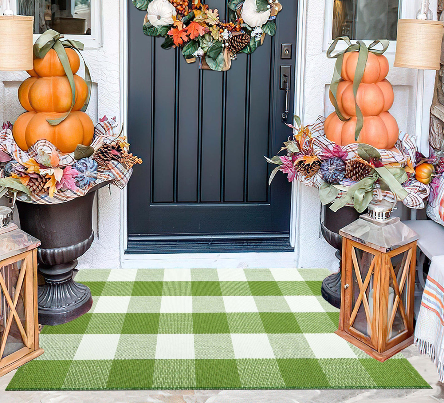 Layered Doormat 24''x35'' Green and White Buffalo Plaid Porch Mat Cotton Woven Washable Carpet for Layered Doormat Hello/Welcome Door Mat,Kitchen,Farmhouse,Entryway