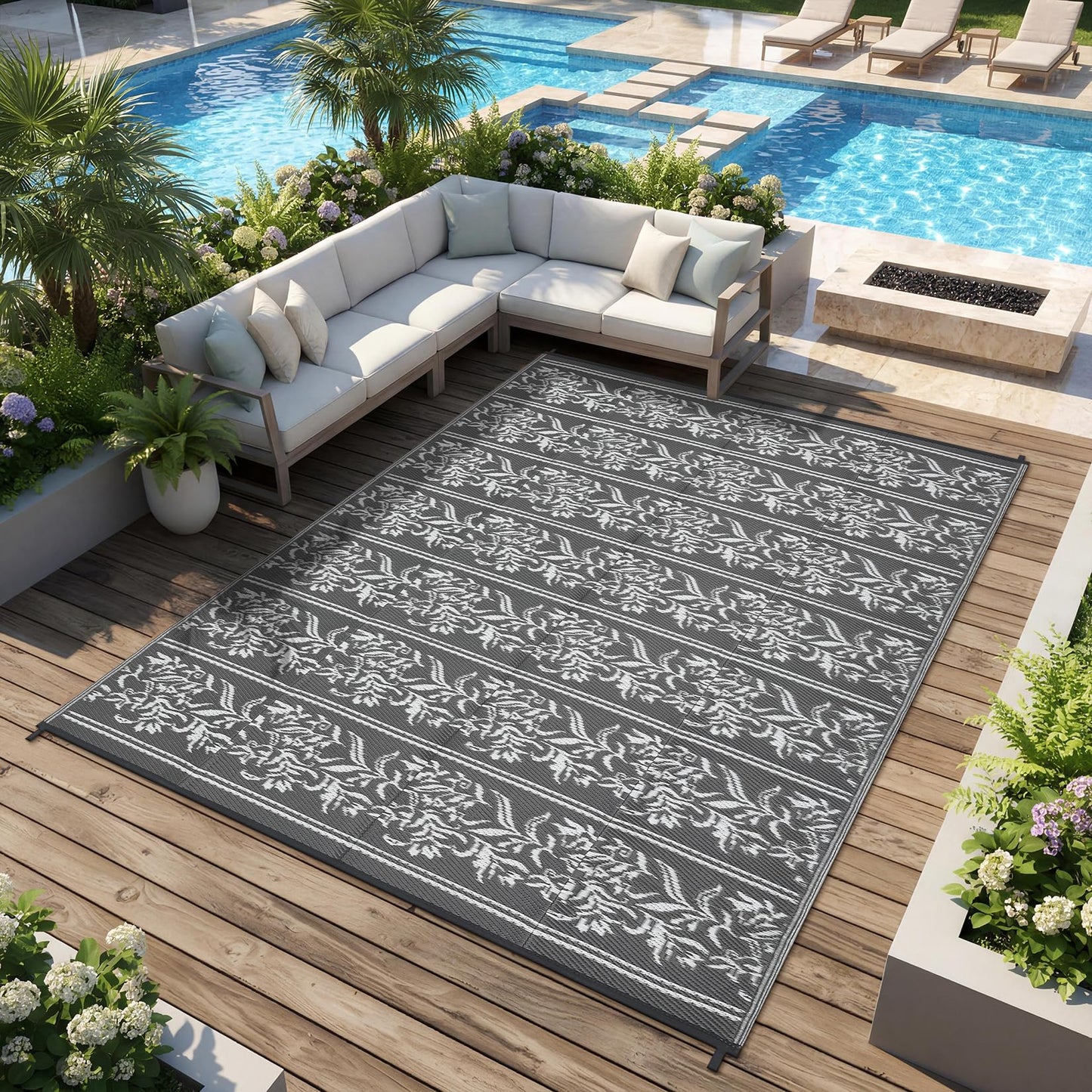 GarveeHome Outdoor Rug 9x12 Waterproof for Patio, Reversible Outdoor Plastic Straw Rug, Wallpaper Flower Indoor Outdoor Mat Carpet for RV, Camping, Deck, Backyard, Picnic, GreyWhite