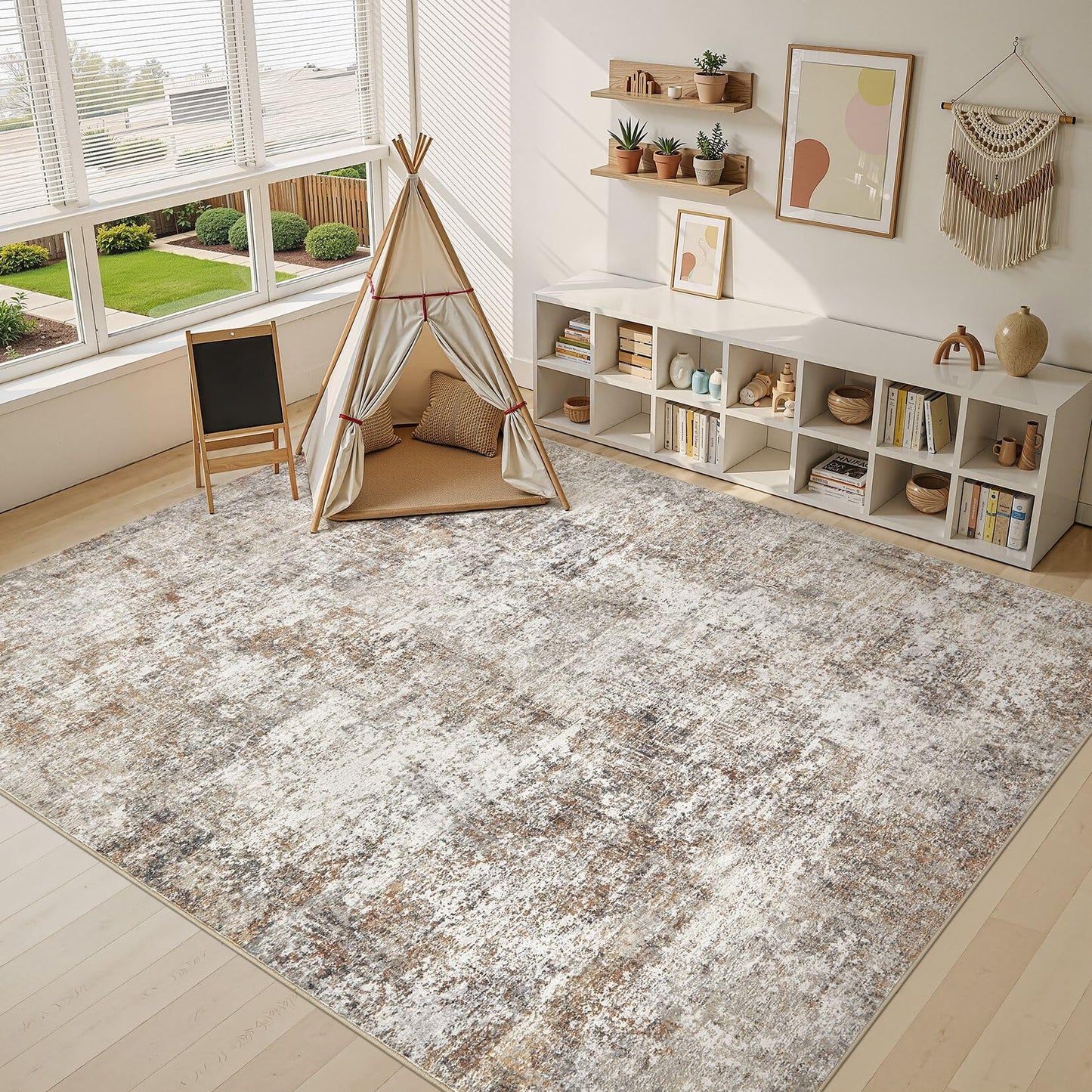 10x14 Area Rugs for Living Room: Washable Large Neutral Abstract Rug Soft Non Slip Stain Resistant Low Pile Indoor Carpet for Bedroom Dining Room Nursery Office Playroom - Brown Grey
