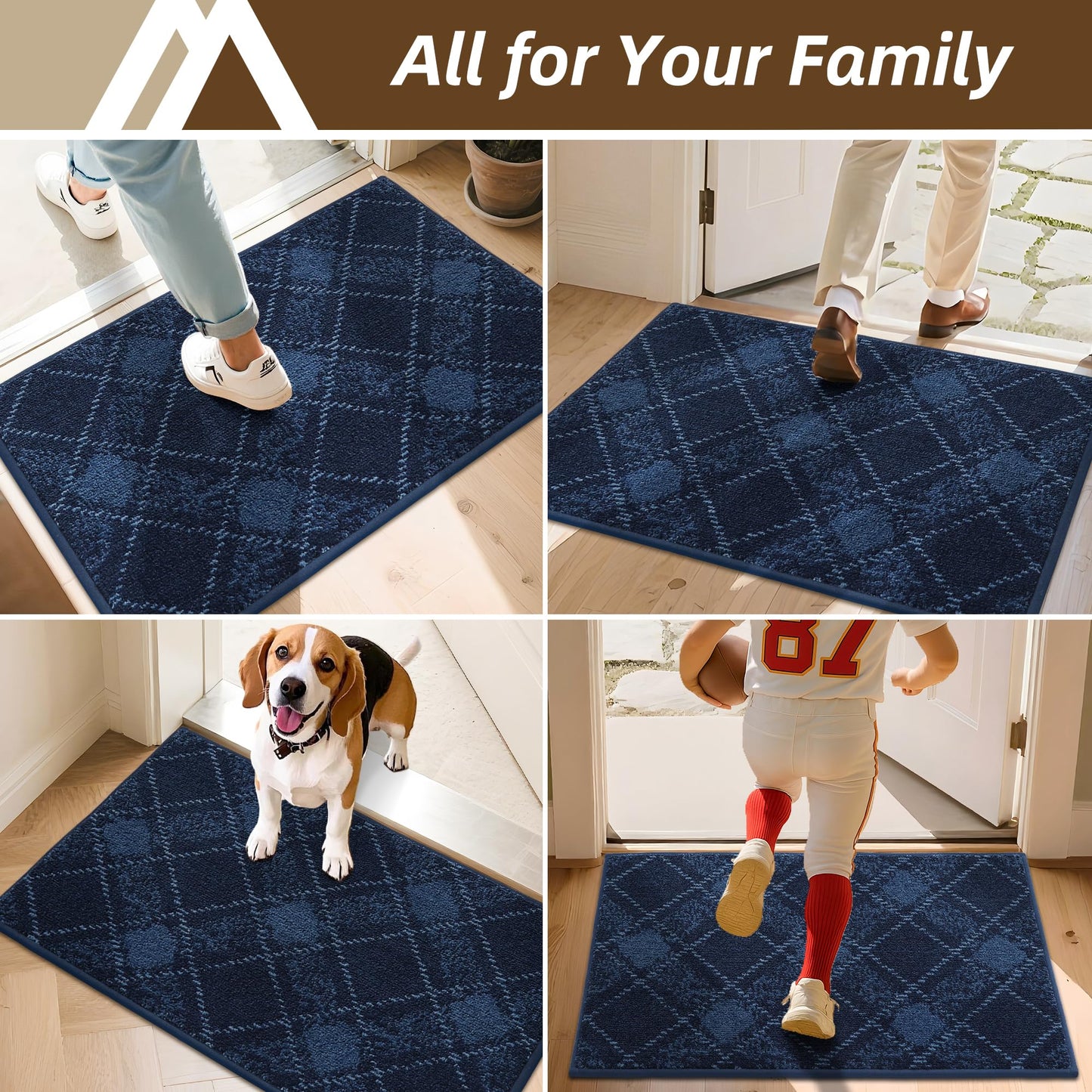 COSY HOMEER Door Mat Non-Slip, Soft Absorbent TPR Backing Doormat for Front Door Inside Entrance, Washable Low Profile Mats for Pets & Family, 20" x 32", Navy Blue