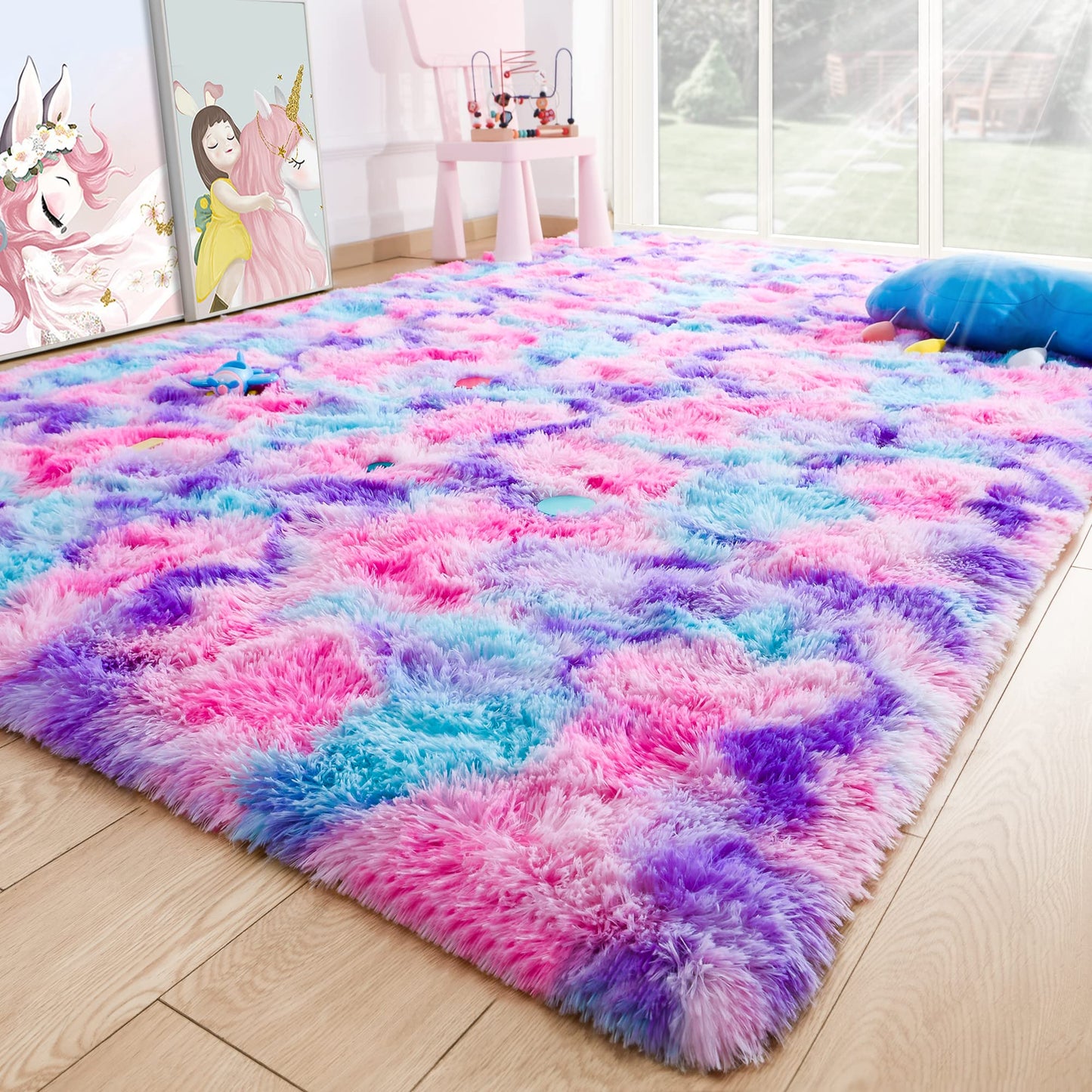 3x5 Tie-Dyed Pink Purple Blue Area Rug for Kids Entryway Kitchen, Fluffy Shag Soft Plush Furry Carpet, Non-Slip Indoor Floor Mat for Bathroom Living Room Bedroom Home Decor