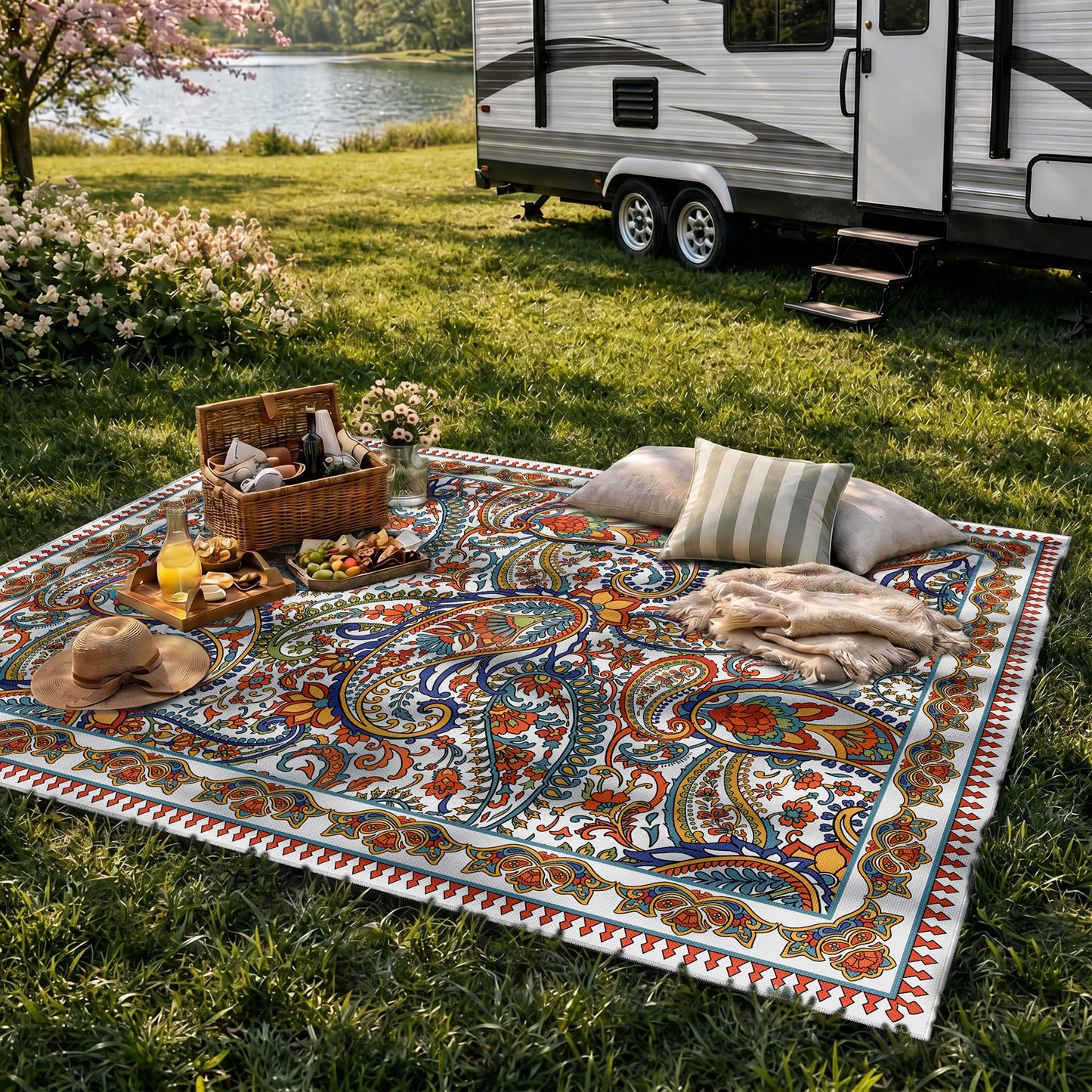Arenarug Paisley Outdoor Rug Waterproof 8x10, UV Resistant Non Slip Patio Rug, Indoor Outdoor Boho Camping Rug Linen-Look RV Carpet for Deck Balcony Backyard, White Multi