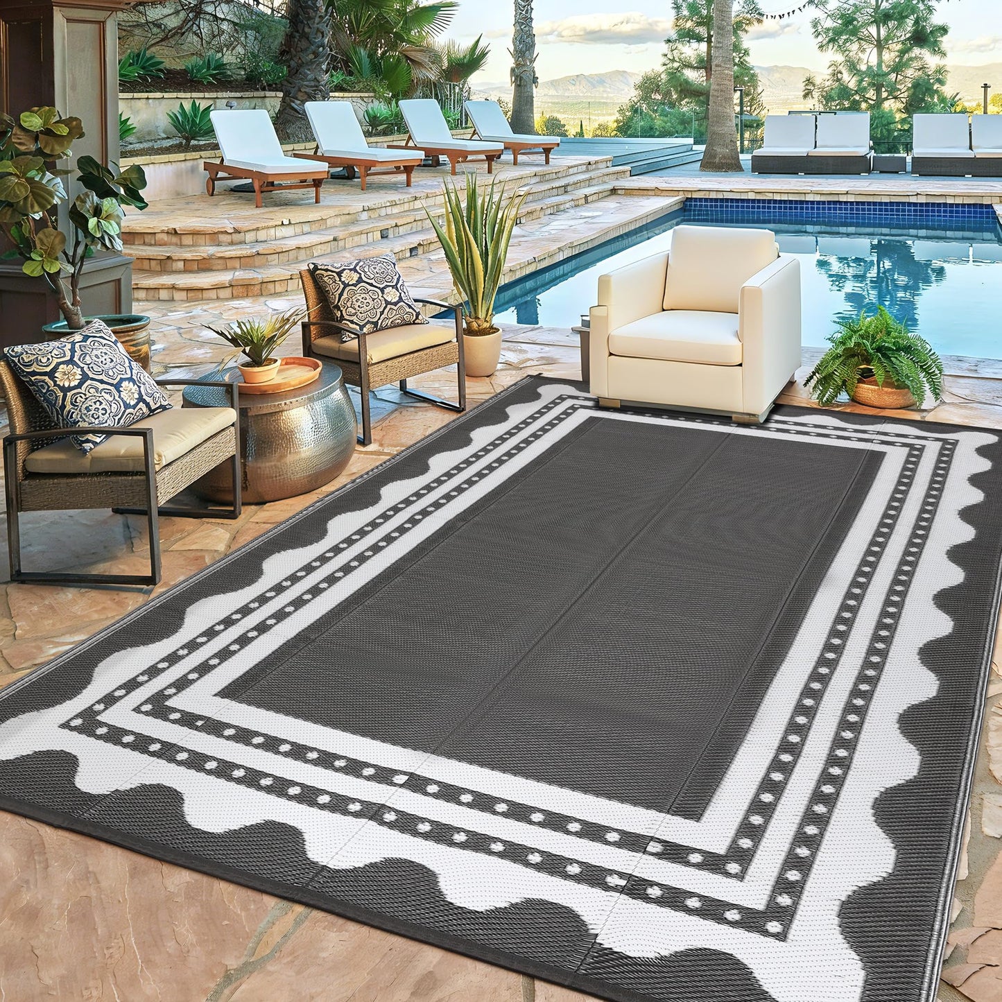 IDEALHOUSE Waterproof Outdoor Rug 8x10 for Patio, Reversible Modern Area Rug, Large Plastic Straw Mat for Camping, RV, Porch, Backyard, Deck, Picnic, Beach, Grey & White