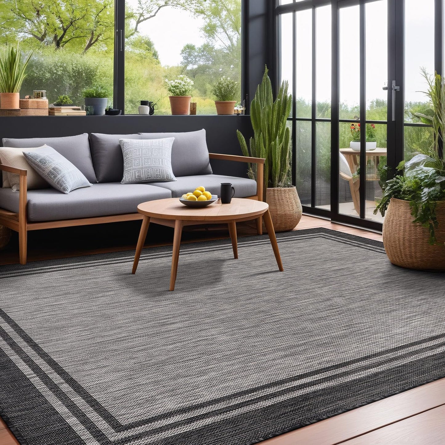 Luul Home Bordered Outdoor Rug 9x12 Washable Outside Carpet for Indoor Patio Porch Waterproof Easy Cleaning Non Shedding Area Rugs Dark Gray 9 x 12