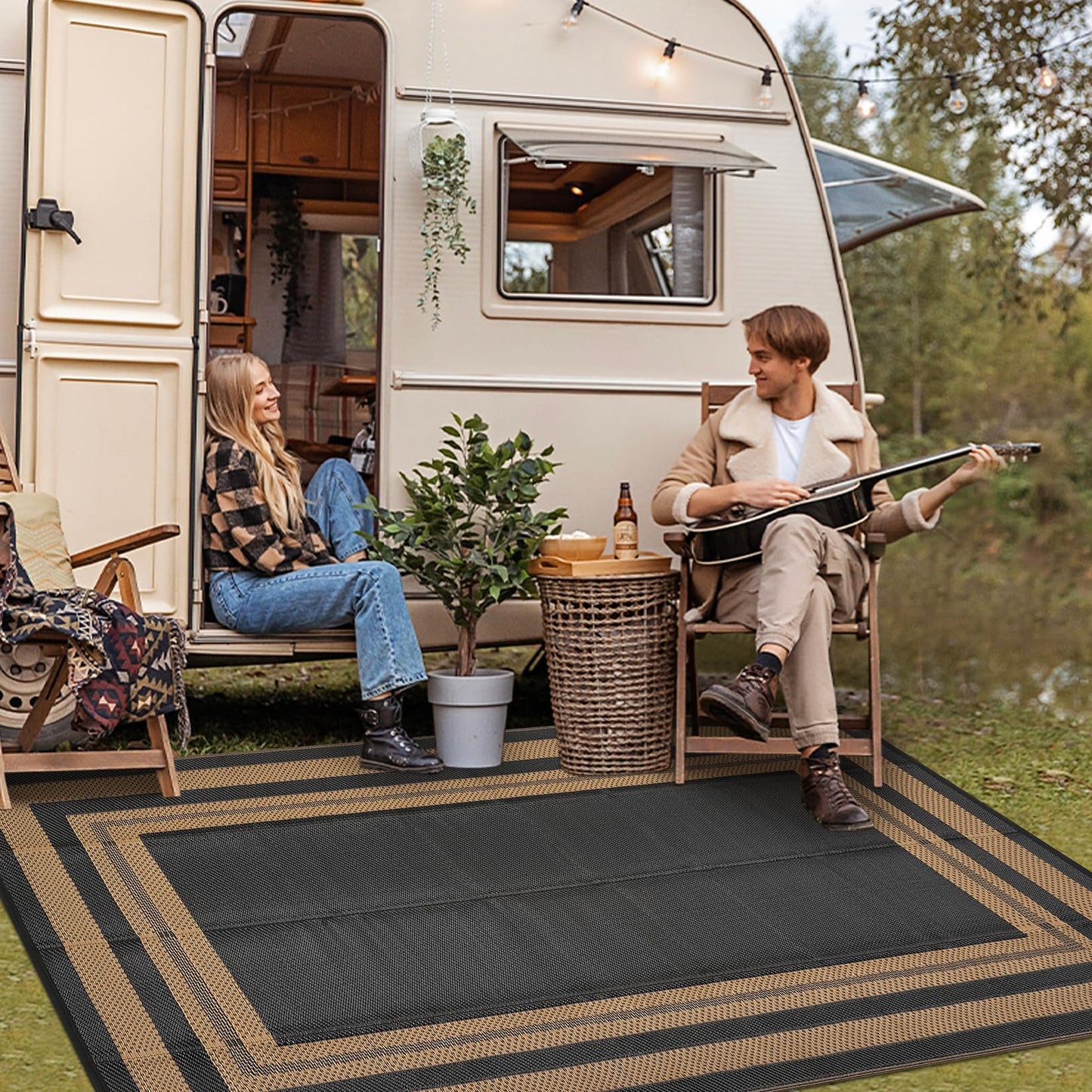 GAOMON 9x18 Plastic Straw Rug Outdoor Rugs for Patio Waterproof Reversible Mat Modern Bordered Camping Rug for Porch RV Backyard Pool Deck Picnic Beach Trailer Border-Black/Brown