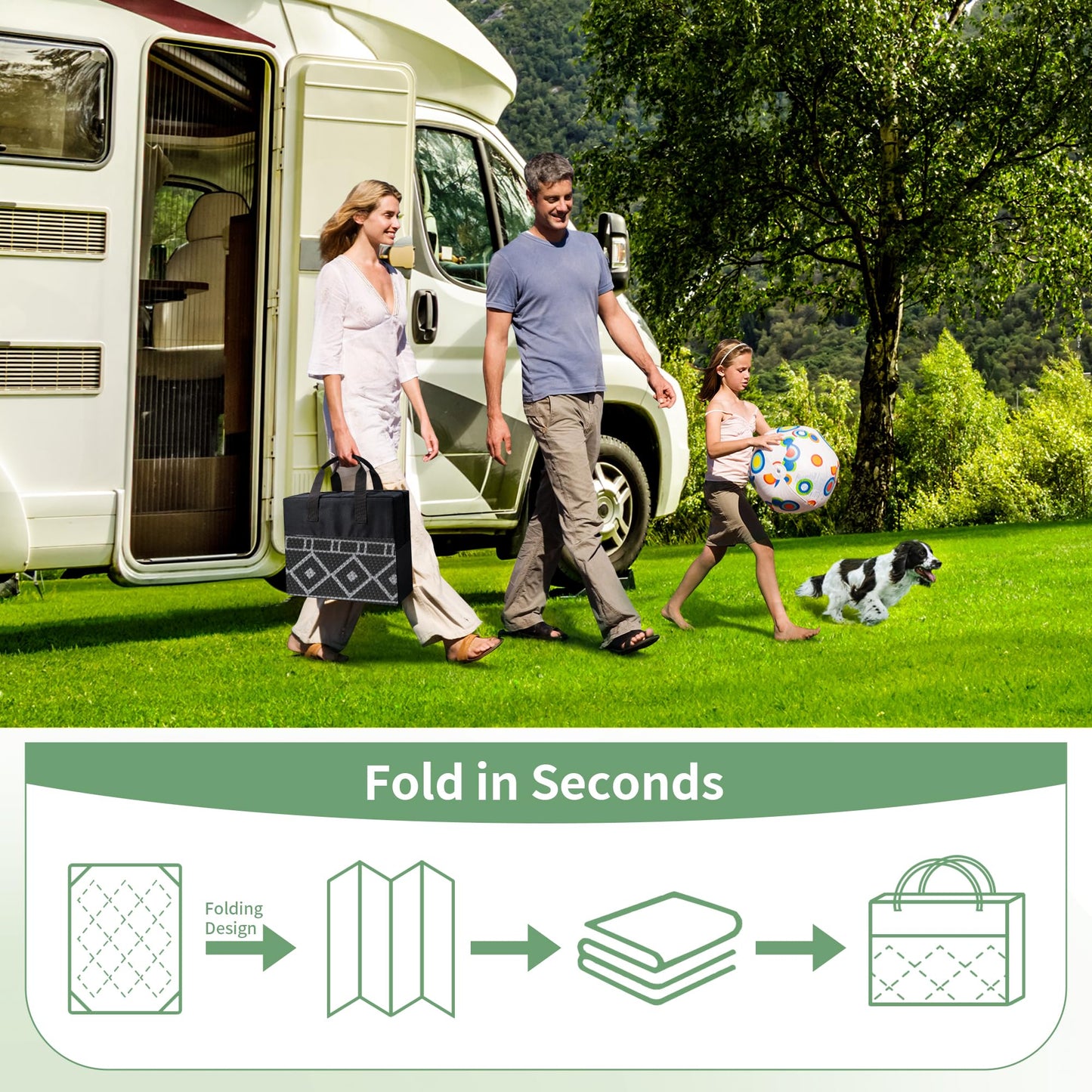 GENIMO Outdoor Rug Waterproof 6'x9' for Patio, Foldable Reversible Plastic Straw Carpet for Travel Trailers, Outside Area Mat for Rv, Deck, Picnic, Porch, Camper, Balcony, Beach, Black & Grey