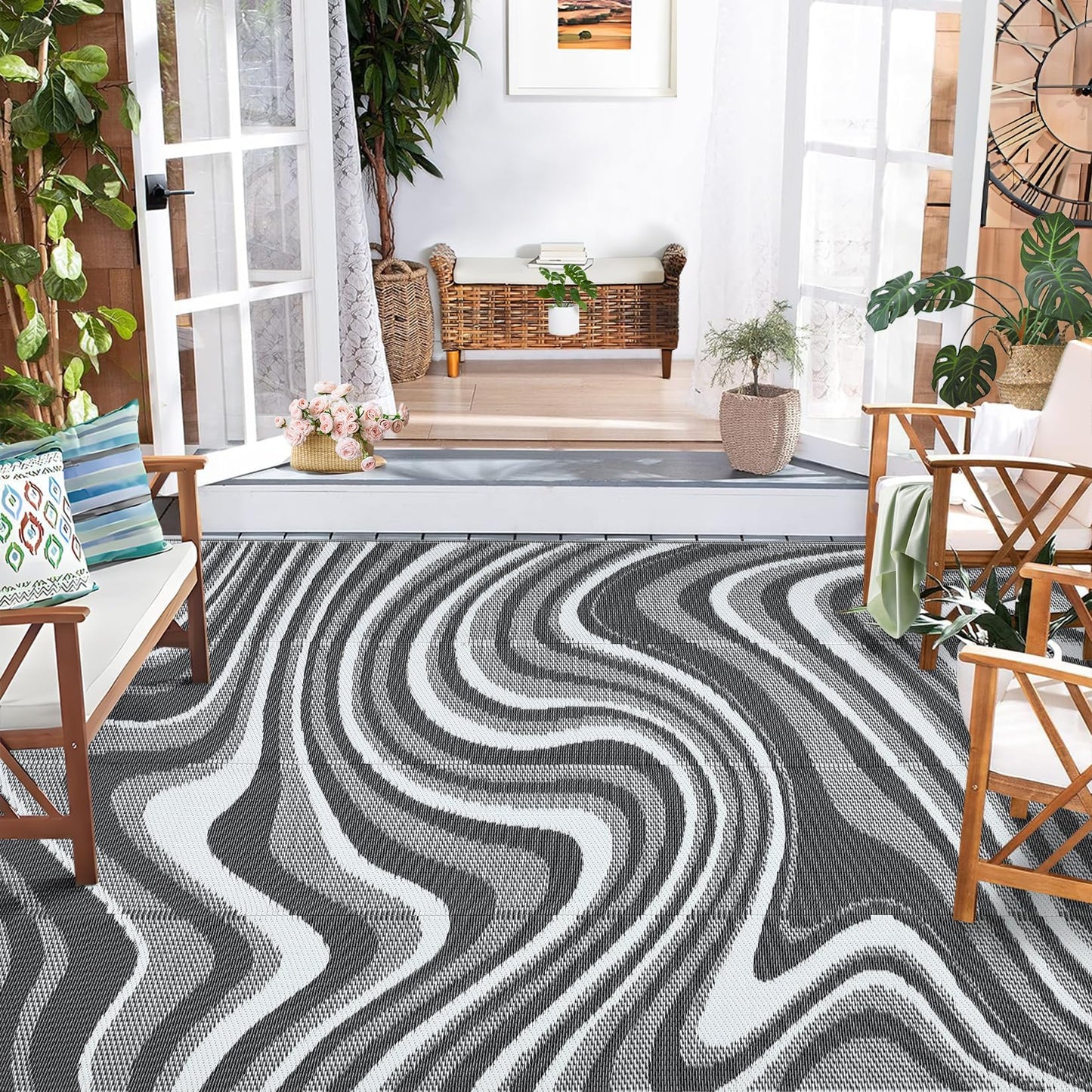 MilleLoom Outdoor Rug 8x10 Waterproof Patio Rugs Modern Abstarct Reversible Mat for Front Door Rv Foldable Plastic Straw Carpet for Travel Trailers, Deck, Porch, Camper, Balcony, Beach,Black/Grey