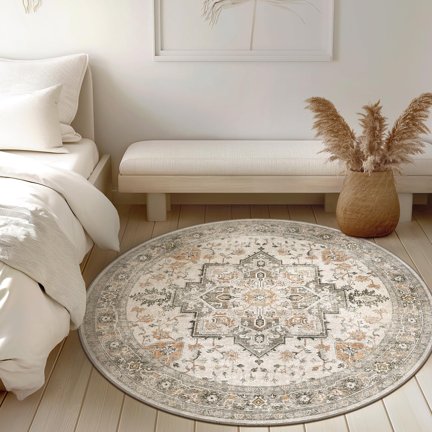 GENIMO 5FT Round Area Rugs for Living Room, Circle Rugs Machine Washable Low Pile, Non Slip Vintage Rug for Bedroom, Dining Room, Home Office, Light Taupe Brown