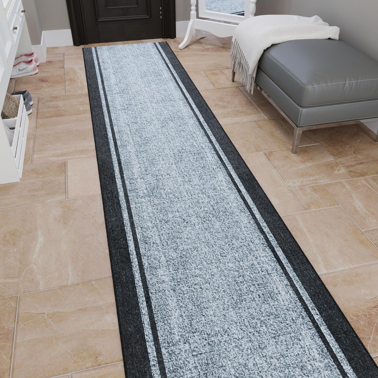 Ottomanson Aisle Runner Rug 1'10.5" x 34' – Soft Non-Slip Rug, Low Pile Carpet for Hallways, Events, Churches & Extra-Long Indoor Spaces, Border Gray