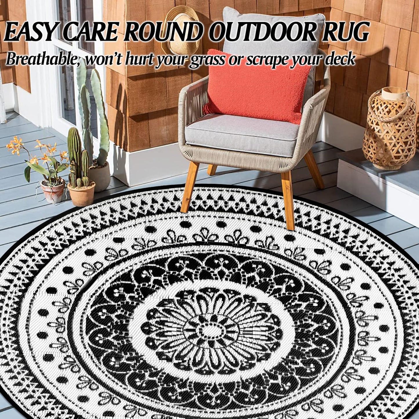 Cekene Round Outdoor Rugs for Patio 8Ft Waterproof Reversible Outdoor Patio Rugs Black Lightweight Plastic Straw Rugs Portable RV Camping Mat Floor Carpet for Deck Porch Picnic BBQ