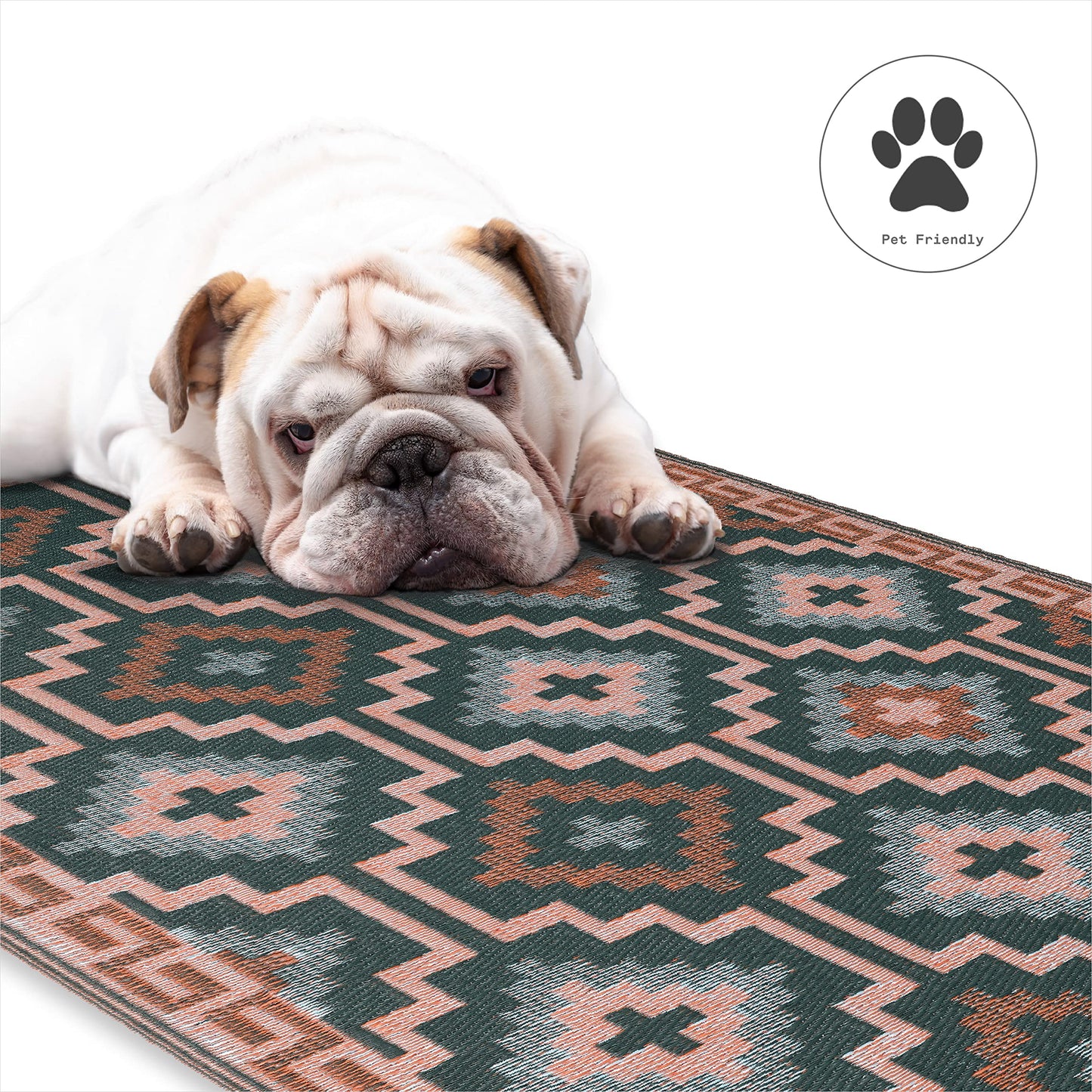 Fab Habitat Outdoor Rug - Waterproof, Fade Resistant, Crease-Free, Reversible - Premium Recycled Plastic - Vintage Boho Kilim - Patio, Deck, Porch, Balcony, Laundry Room - Lhasa - Green - 4 x 6 ft