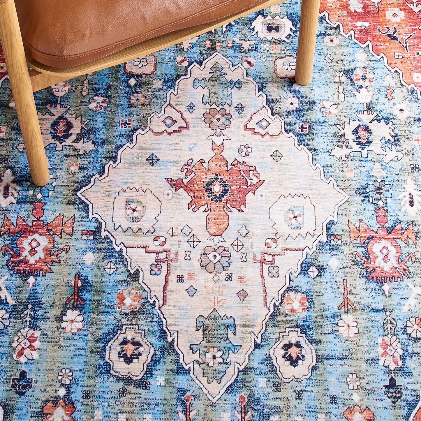 SAFAVIEH Washable Rug Tucson Collection - 5' Square, Beige & Blue, Slip Resistant & Easy to Clean, Ideal for Living Room, Bedroom, Dining Space (TSN104B)