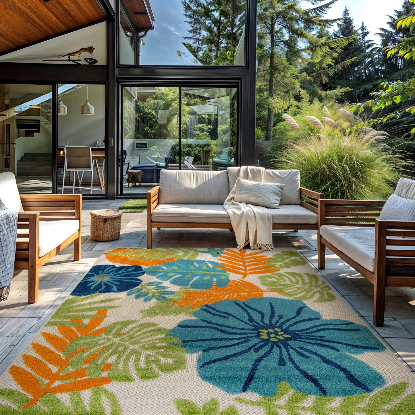 Rugshop Indoor/Outdoor High-Low Textured Area Rug, Tropical Floral, Easy-Clean Patio Rug for Porch Deck Balcony 7'10" x 10' Beige/Multi