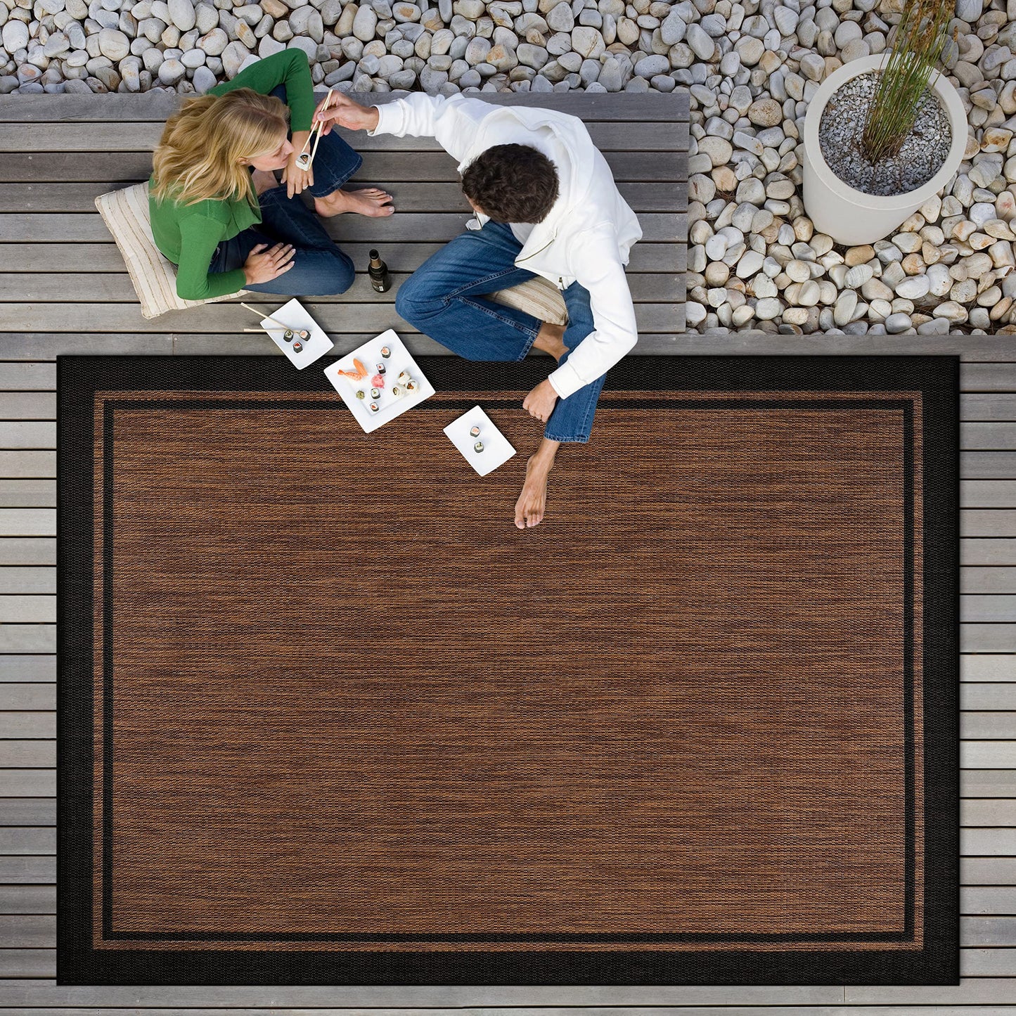 CAMILSON Indoor Outdoor Rug, 9x12 Bordered Nut Brown Black Modern Area Rugs for Indoor and Outdoor Patios, Kitchen and Hallway Mats, Washable Porch Deck Outside Carpet (Border Nut Brown Black, 9 x 12)