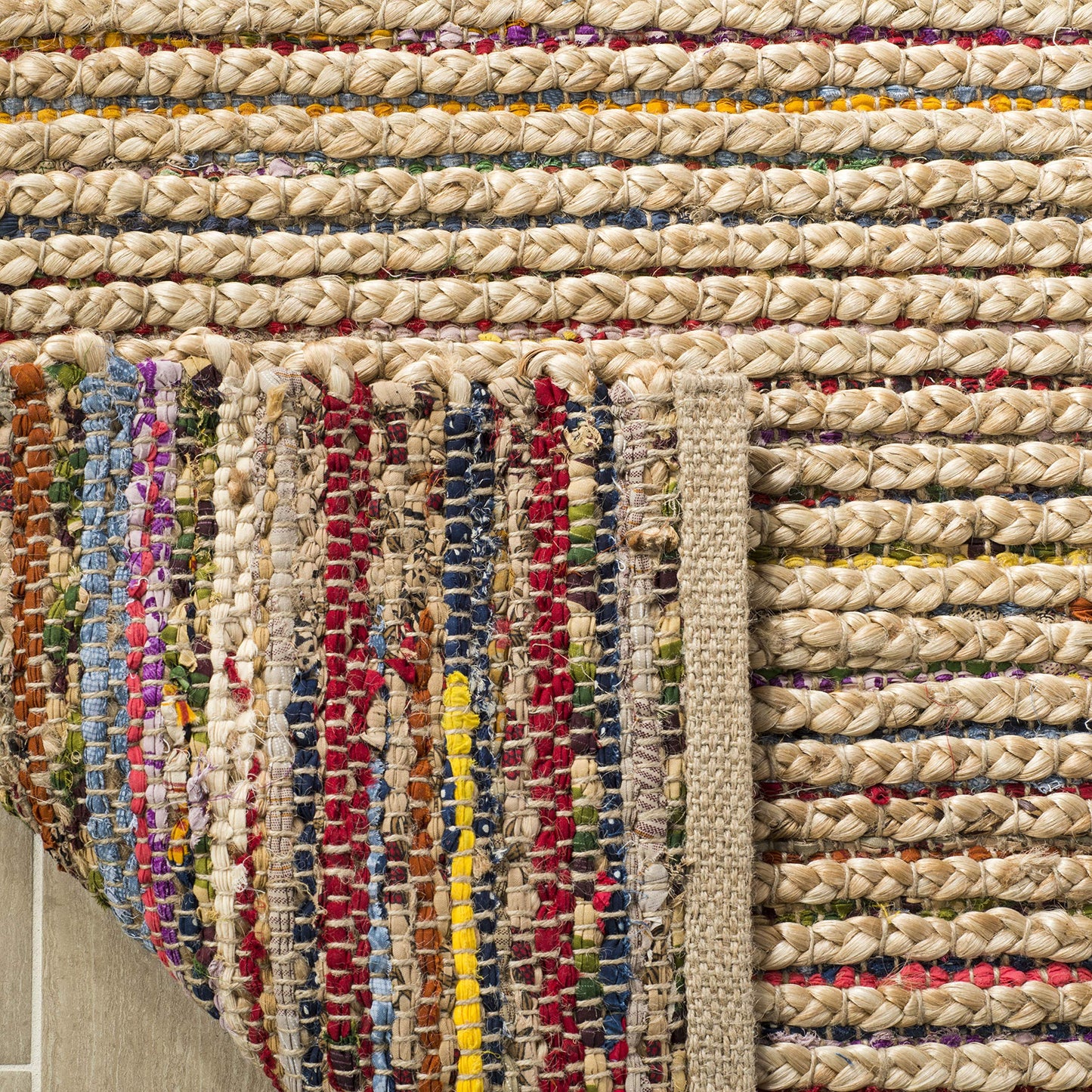 SAFAVIEH Cape Cod Collection Area Rug - 6' Square, Natural & Multi, Handmade Boho Braided Stripe Jute, Ideal for High Traffic Areas in Living Room, Bedroom (CAP307B)