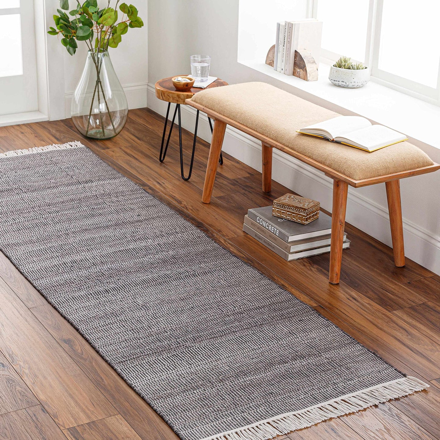 Hauteloom Samos Recycled Material Living Room, Bedroom Area Rug - Striped Plain - Contemporary Modern Minimalist Transitional - Charcoal, Off - White, Light Gray, Gray, Dark - 2' x 3'
