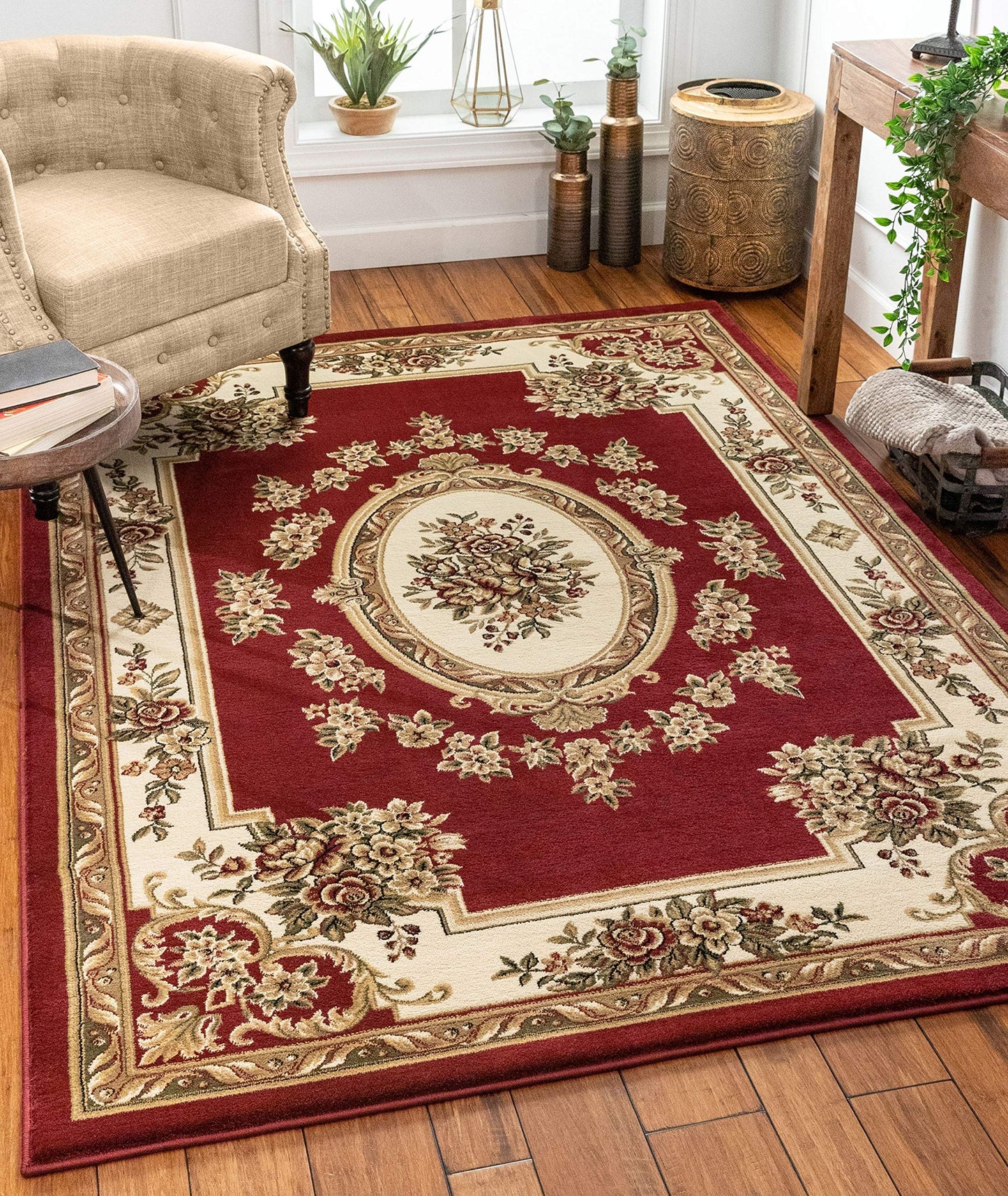 Pastoral Medallion Red French European Formal Traditional Area Rug (5'3" x 7'3") Easy to Clean Stain Fade Resistant Shed Free Modern Contemporary Floral Thick Soft Plush Living Dining Room Rug