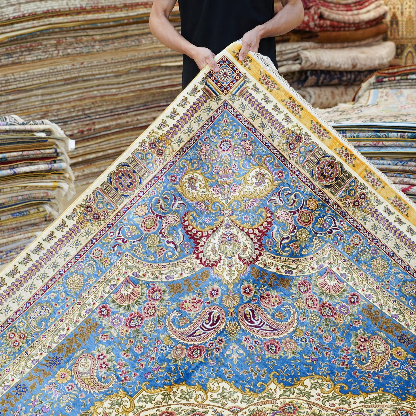 Yuchen Rug Silk Rug 8x10 Blue Handmade Traditional Medallion Vintage Large Silk Rug for Living Room