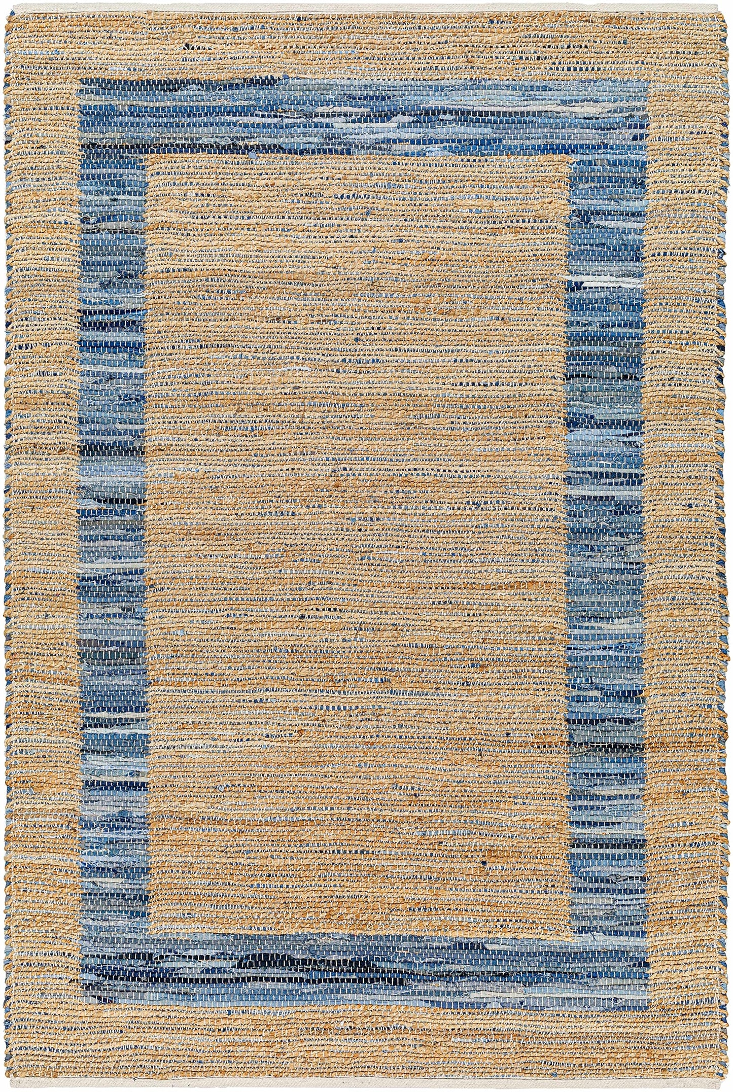 Hauteloom Nobel Recycled Material Living Room, Bedroom Area Rug - Border Striped Abstract - Contemporary Modern Coastal Boho Farmhouse - Mocha, Charcoal, Rose Cream, Blue, Tan - 27" x 45"