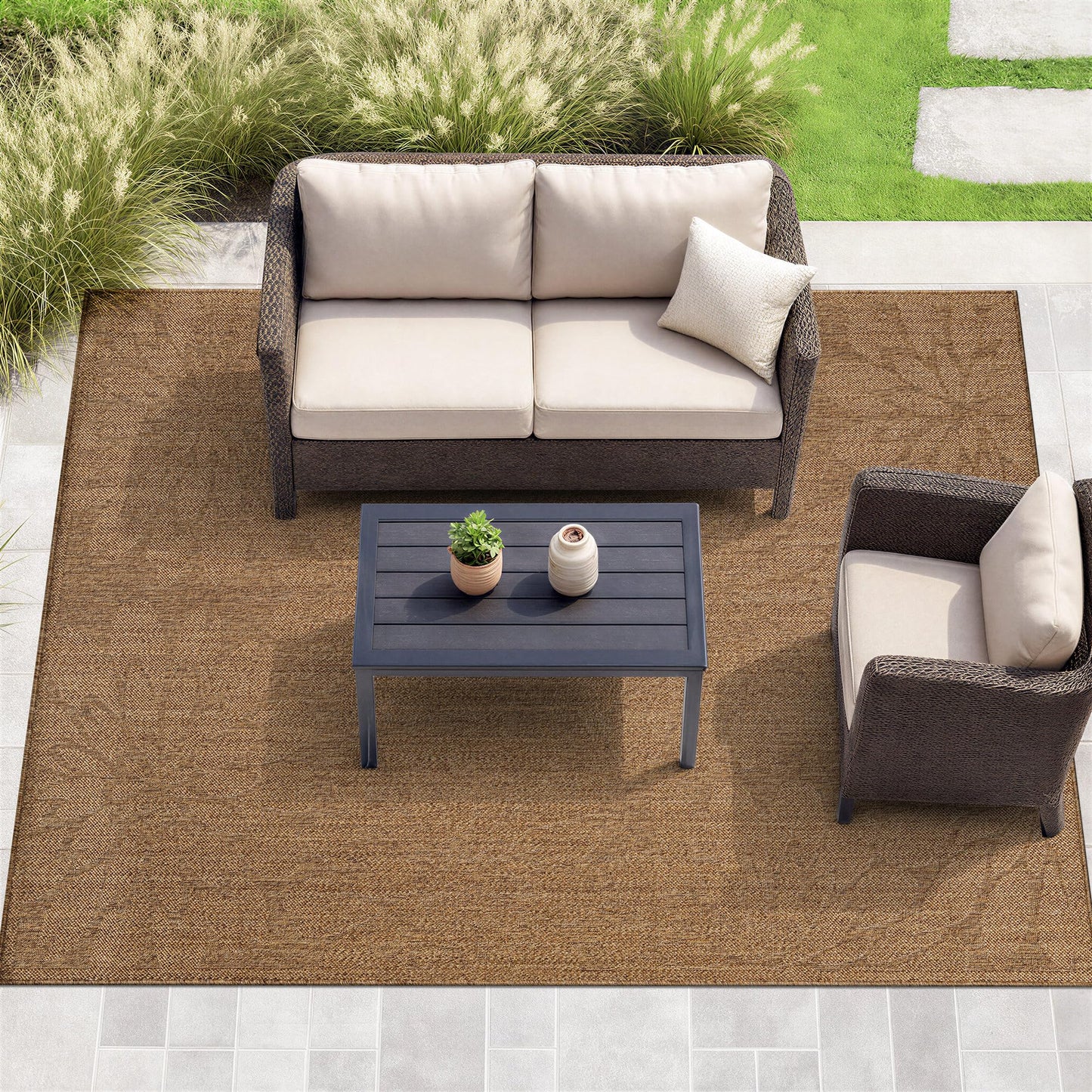 Rugshop Floral Indoor Outdoor Flat Woven Area Rug,Natural Jute-Style,Easy-Care Patio Rug for Backyard Porch Deck Balcony, 6'6" x 9' Natural/Jute