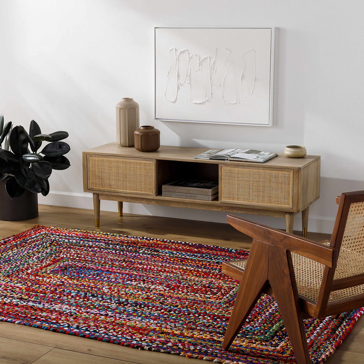 Hauteloom Henio Recycled Material Living Room, Bedroom Area Rug - Striped Border Abstract - Contemporary Boho Indian Tribal Retro - Chocolate Brown, Multicolor, Red, Black, Blue - 27" x 45"