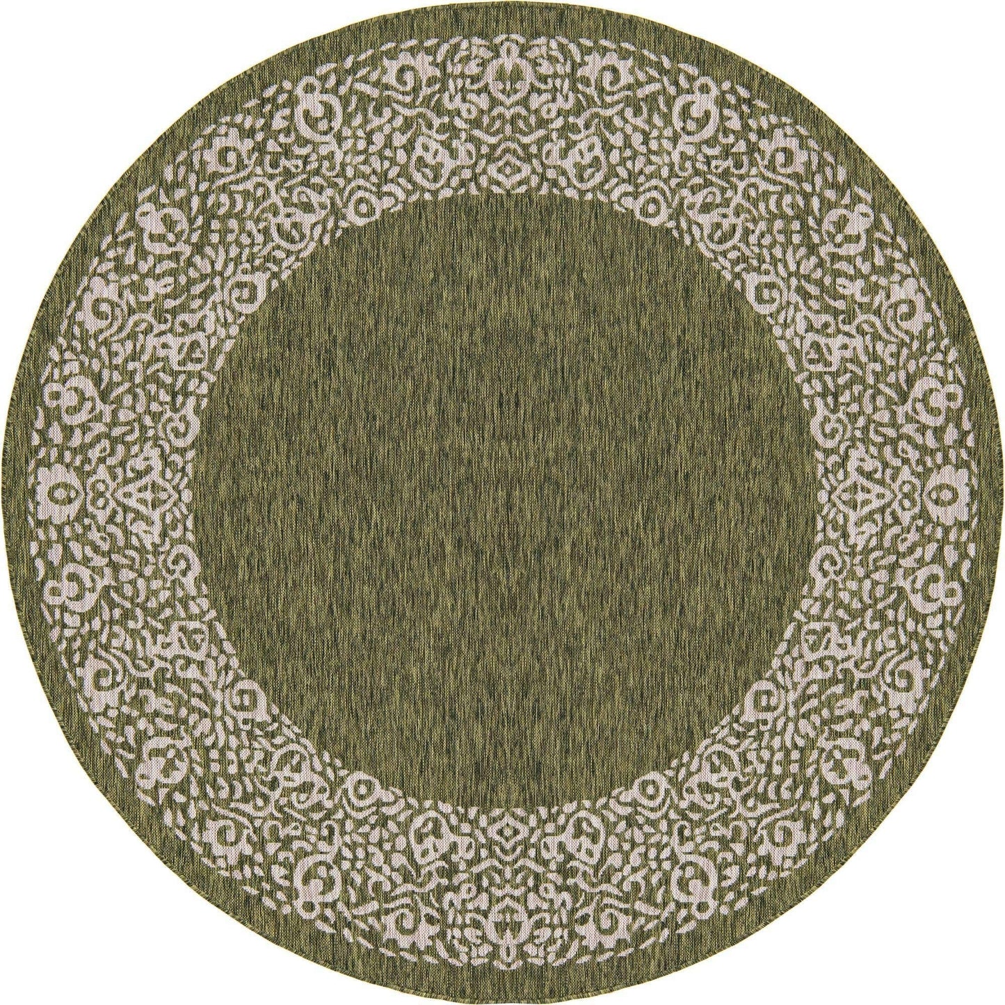 Unique Loom Outdoor Border Collection Area Rug - Floral Border (7' 10" Round, Green/ Ivory)