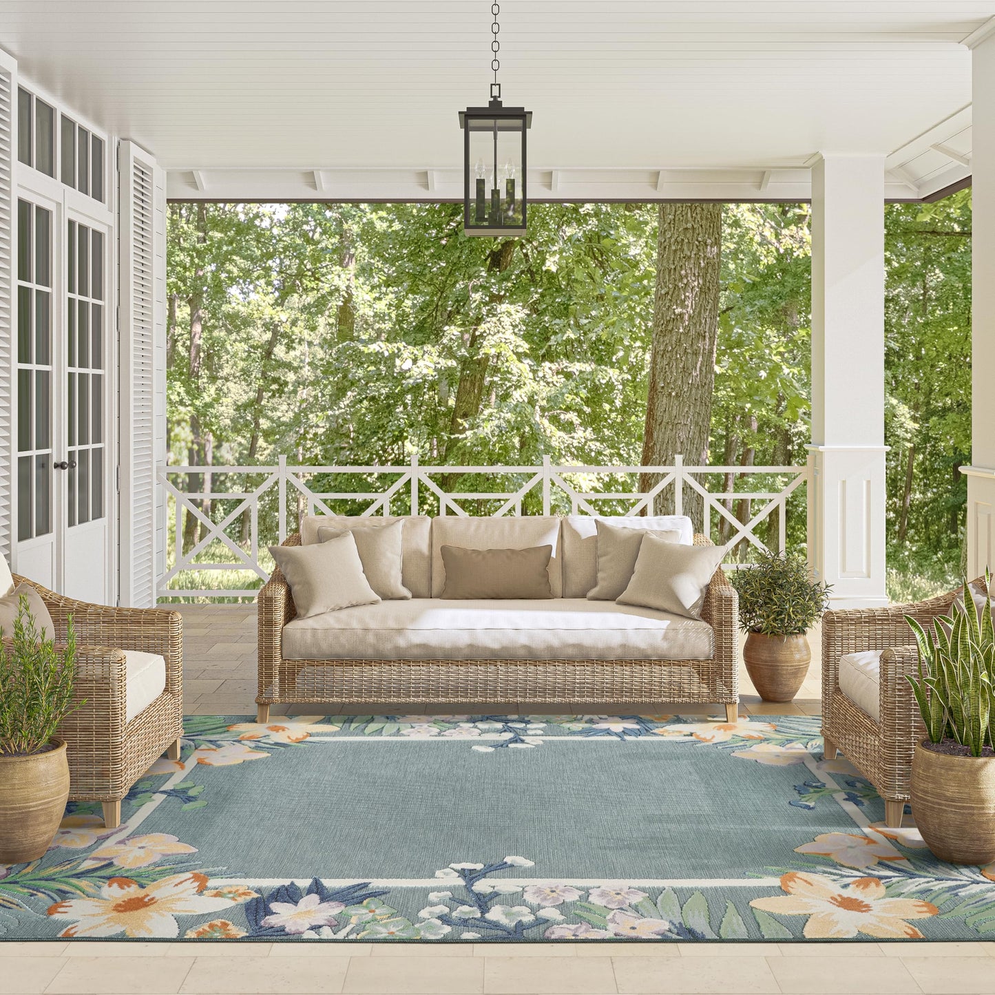 Abani Blue Area Rug – 8' x 10' – Sakura Collection – Floral Border Pattern – Easy to Clean – Durable for Patio, Living Room, or Sunroom, Pet & Child Friendly
