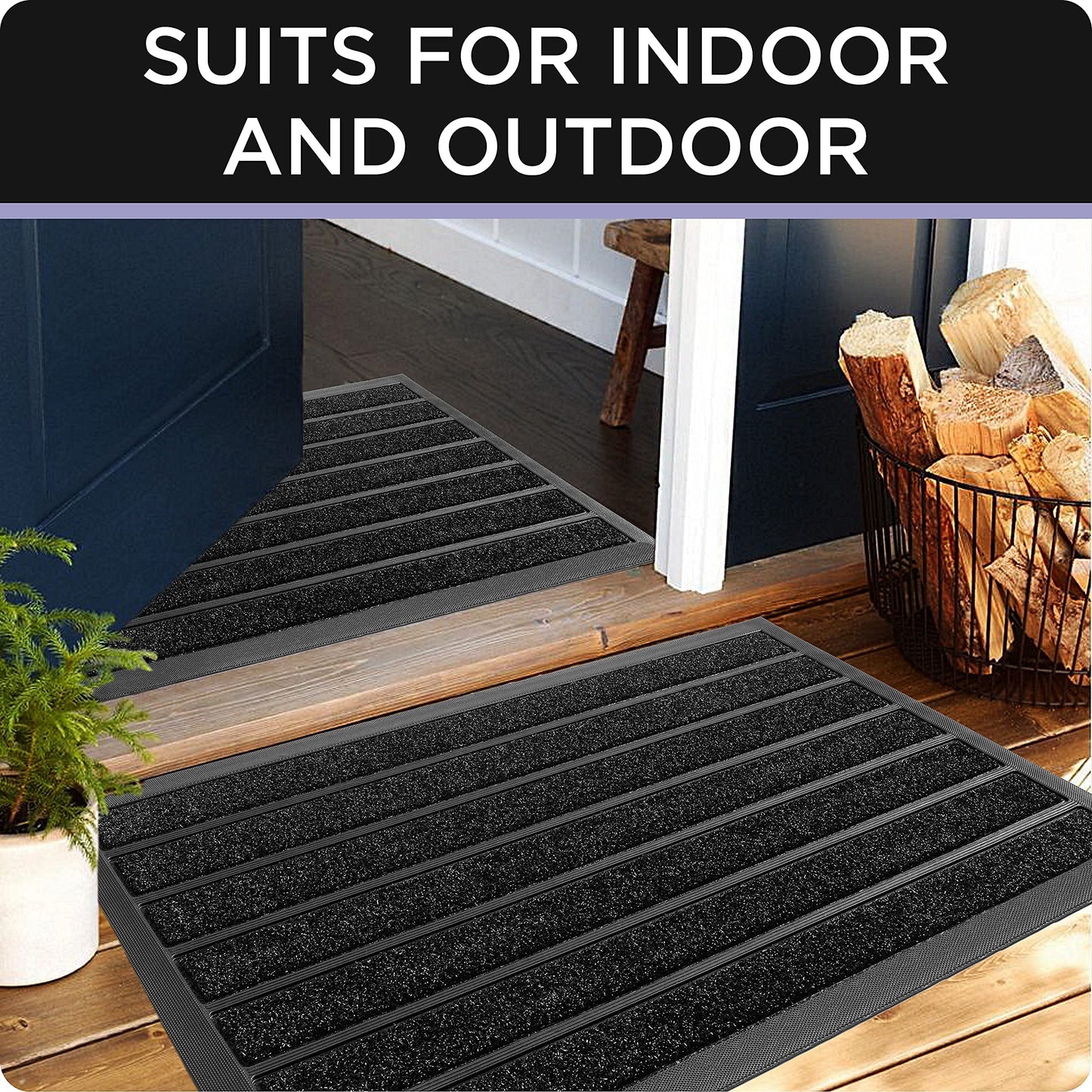 ubdyo Extra Durable Door Mat - Dirt Trapping Outdoor Welcome Mats - Non-Slip Outdoor Indoor Entrance - Low Profile Front Doormat (30" x 17", Bright Black)