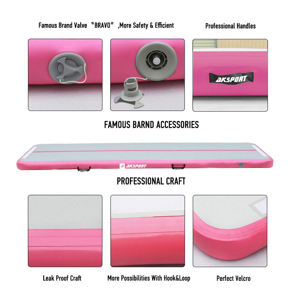 AKSPORT Air Mat Tumble Track Gymnastics Tumbling Mat Inflatable Floor Mats With Electric Air Pump for Home Use/Tumble/Gym/Training/Cheerleading/Parkour/Beach/Park/Water (pink, 9.84)