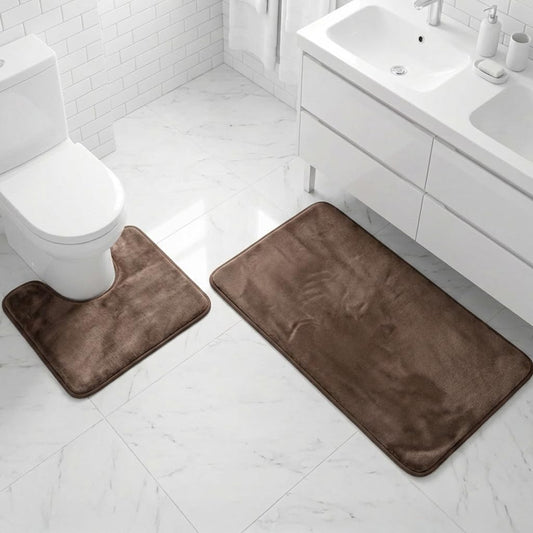 Muddy Mat® Memory Foam Bath Mat Set 2 Piece – Velvet Soft Non Slip Bathroom Rugs Set, Thick Absorbent Washable Bath Mats for Bathroom Floor and Shower, Brown 20"x30" + 20"x20" U-Shaped