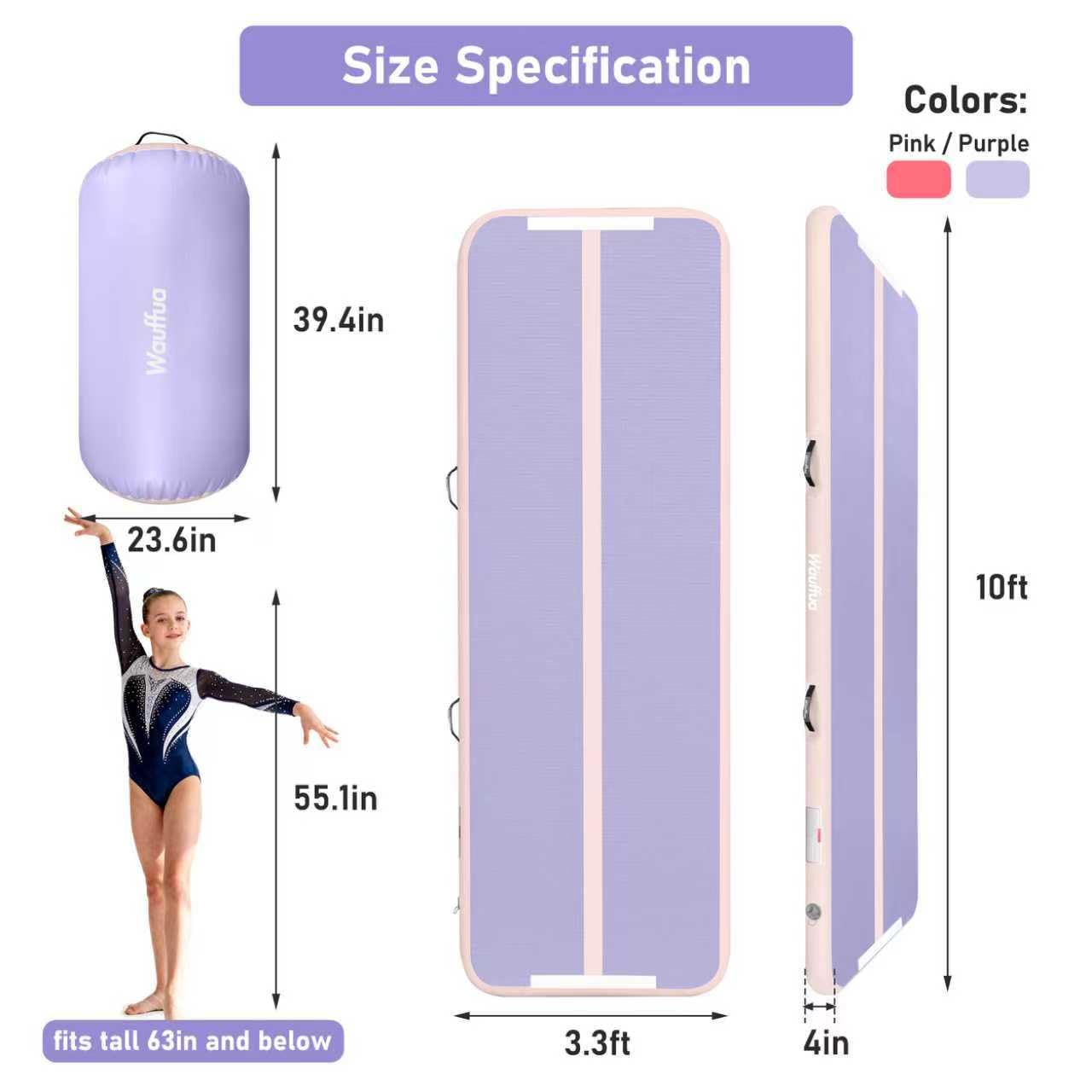 Wauffua Inflatable Gymnastics Mat with Tumbling Air Barrel Roller, 10/13 ft Tumble Track, 3.3 ft x 2 ft Octagon Mat for Home, Gym, Without Pump