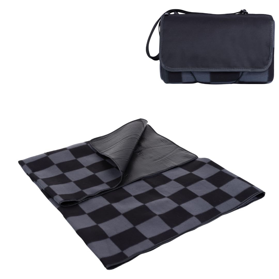 Picnic TIME Outdoor Picnic Blanket Tote, 59"x51" Foldable Beach & Camping Blanket with Soft Fleece, Water-Resistant Bottom, Adjustable Strap & Zippered Pocket (Black Checkers)