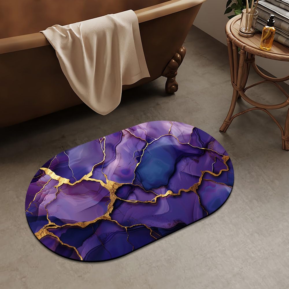 ZHUZHISHAN Deep Purple Gold Marble, Super Absorbent Quick-Drying Bathroom Mat Rug, Rubber Non-Slip Bottoms, Easy to Clean,Ultra Thin Bathroom Rugs Fit Under Door and Bathtub(16×24Inch)
