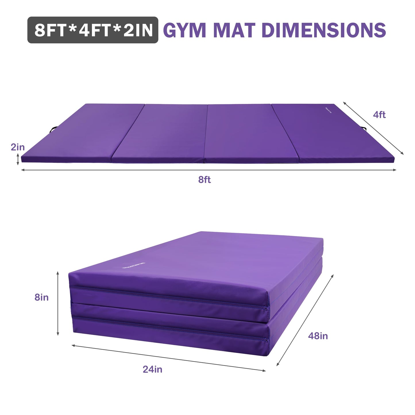 Fitvids Gymnastics Mats for Tumbling, 4'x8'x1.9" Folding Exercise Gym Mat with Carrying Handles High-Density Anti-Tear Martial Arts Fitness Aerobics Mat for Home Gym Yoga Pilates MMA Core Training, Purple