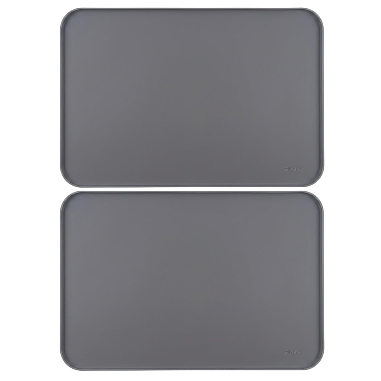Alvoraz Silicone Pet Feeding Mat 2 Pack 19 x 12 Inch Waterproof Dog & Cat Food Mat with Raised Edge, Non Slip BPA Free Dog Bowl Mat for Food and Water Bowls, Spill Proof Floor Protector (Grey)