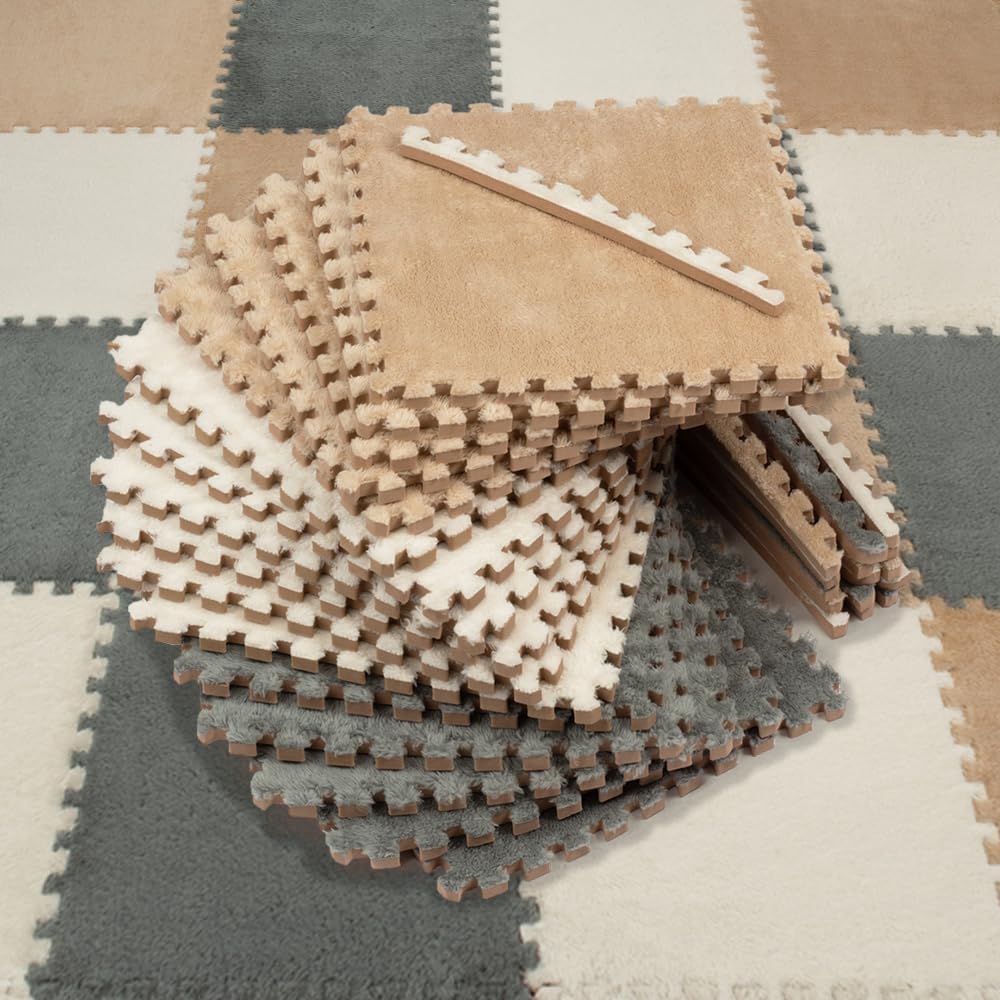 16 Piece Carpet Squares Puzzle Mat 49" x 49" Plush Interlocking Carpet Tiles, Foam Floor Tiles Play Mat - Kids Soft Play Mats Anti Slip Jigsaw Flooring Playmat Playroom Rug (Brown,Gray,White)