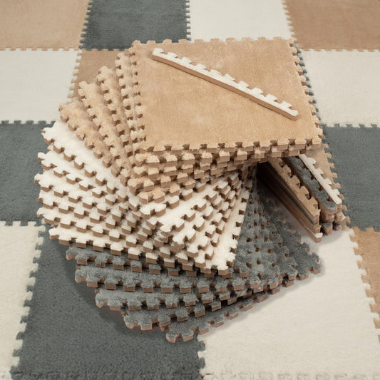 16 Piece Carpet Squares Puzzle Mat 49" x 49" Plush Interlocking Carpet Tiles, Foam Floor Tiles Play Mat - Kids Soft Play Mats Anti Slip Jigsaw Flooring Playmat Playroom Rug (Brown,Gray,White)