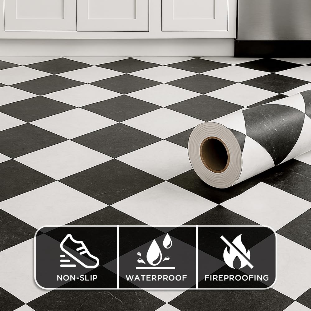 auxua Peel and Stick Floor Tile, Black Checked Pattern Continuous Vinyl Roll Flooring – 15.7'' x 19.68 ft Roll Covers 25.83 sq. ft, Effortless Alignment, Seamless Look Design for Bathroom, Kitchen