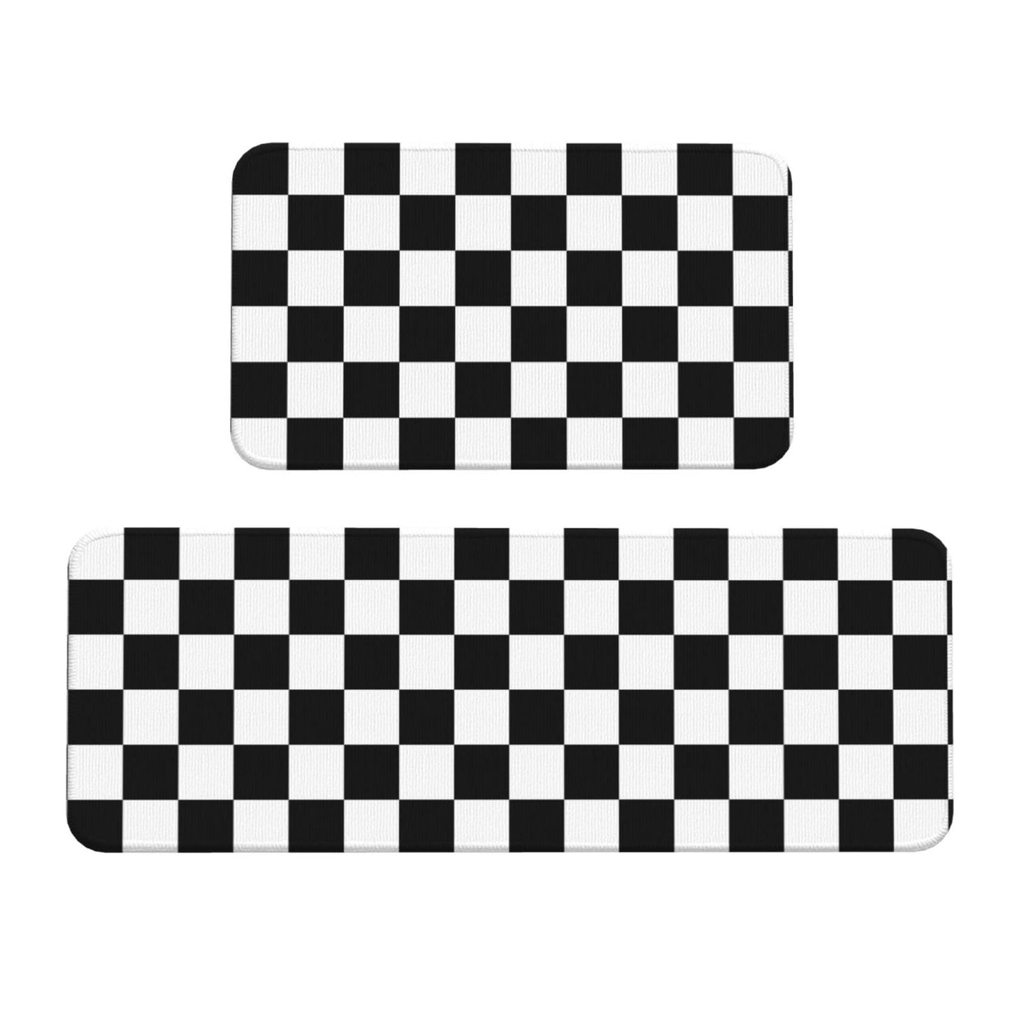 Sovvin Black and White Checkered Kitchen Rugs Microfiber Floor Mats Checkerboard Cushioned Carpet Runner Rug for Laundry Bathroom Living Room, 2 Piece Set 17"X 47" + 17"X 30"