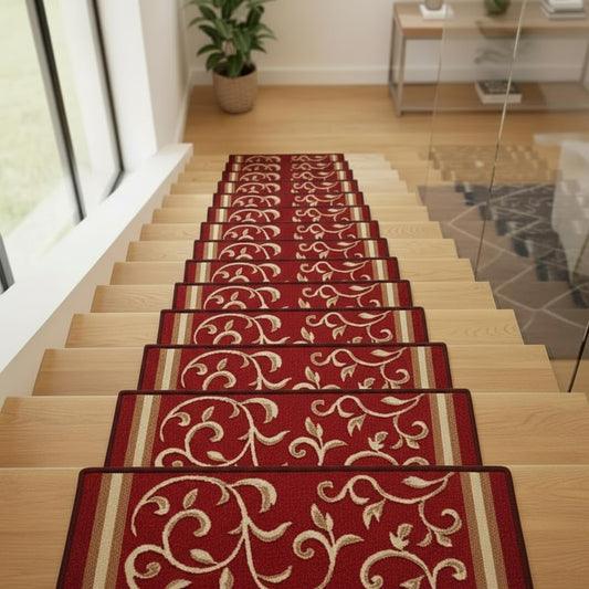 Gloria Non Slip Rubber Back Pet Friendly Floral Design Carpet Stair Treads Stairway mats (13, RED)