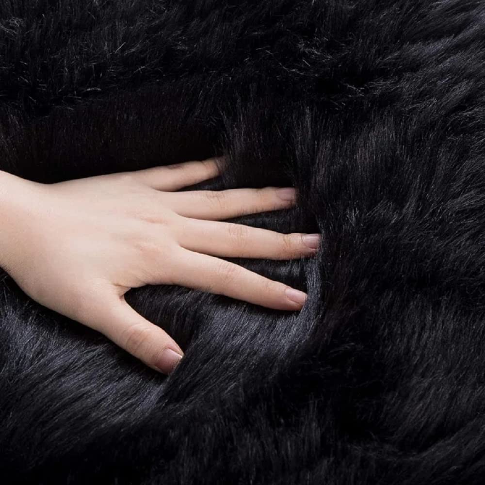 ORINOVA Black Fluffy Faux Sheepskin Washable Fur Area Rugs for Bedroom Living Room Small Shag 2x4 Furry Nursery Rug