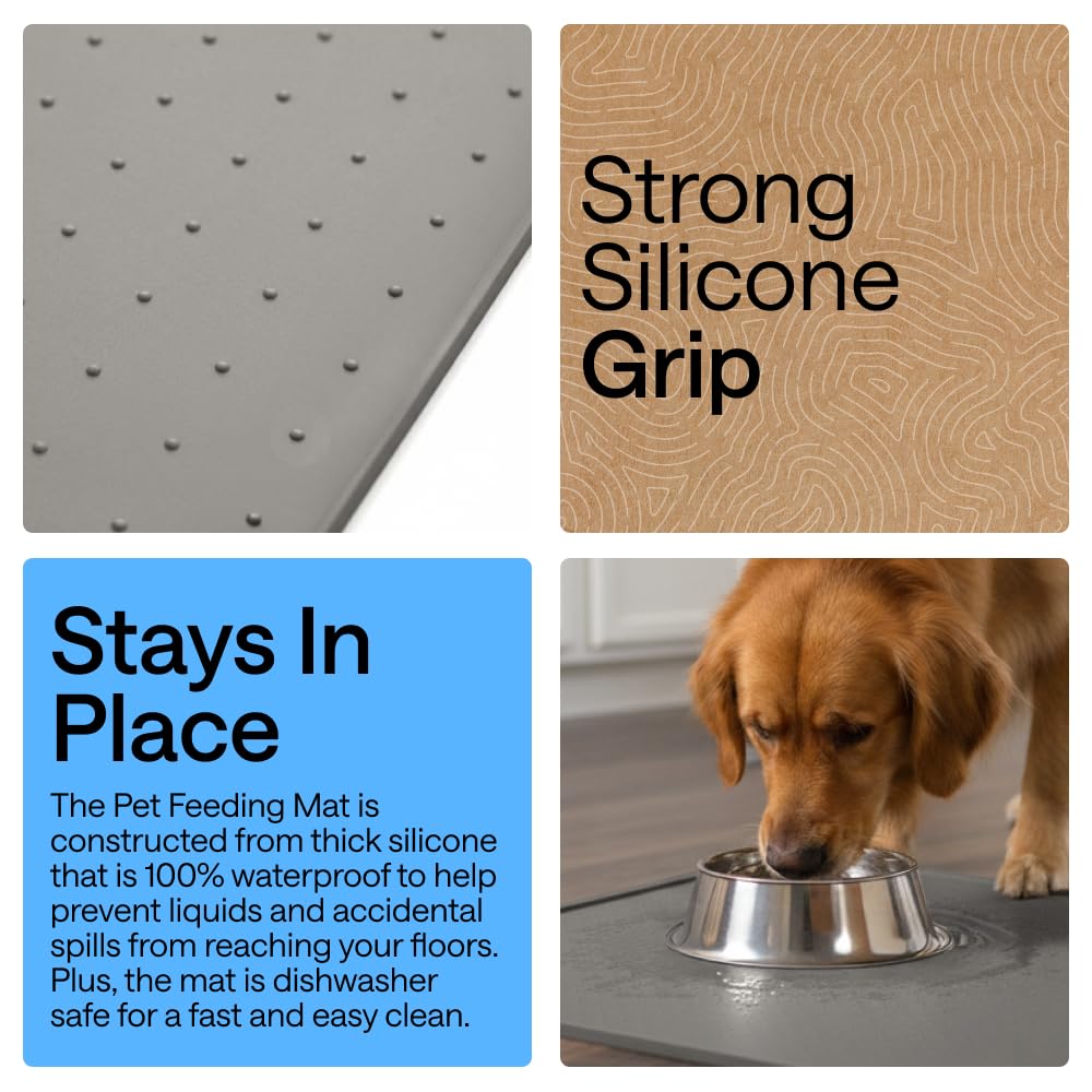 GORILLA GRIP 100% Waterproof Raised Edge BPA Free Silicone Pet Feeding Mat, Dog Cat Food Mats Contain Spills Protects Floors, Placemats for Cats and Dogs Water Bowl, Pets Accessories 23x15 Gray