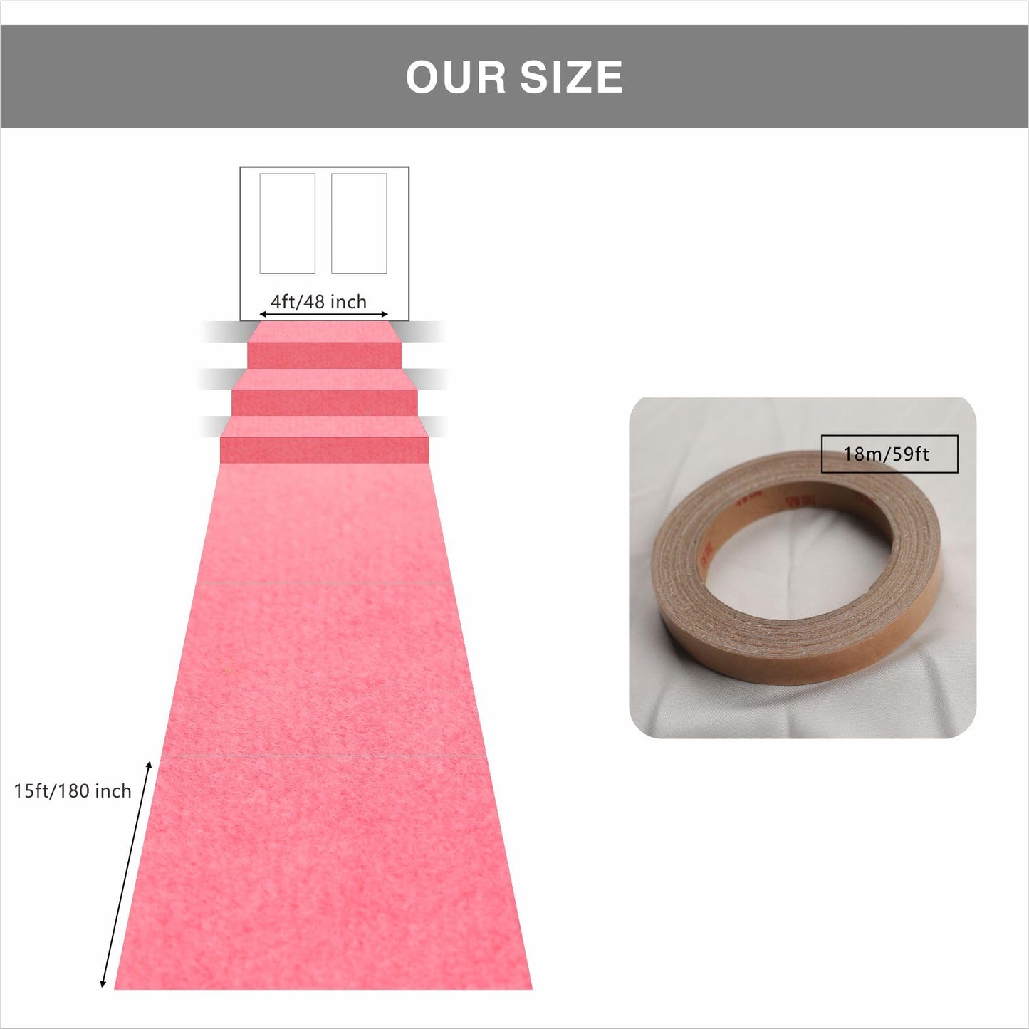 MECARPET 4ft x 15ft Light Pink Carpet Runner for Party,Anti Slip Thickening 350 GSM Non-Woven Polyester Fabric Aisle Runner for Wedding Ceremony, Pink Runner Rug for Prom